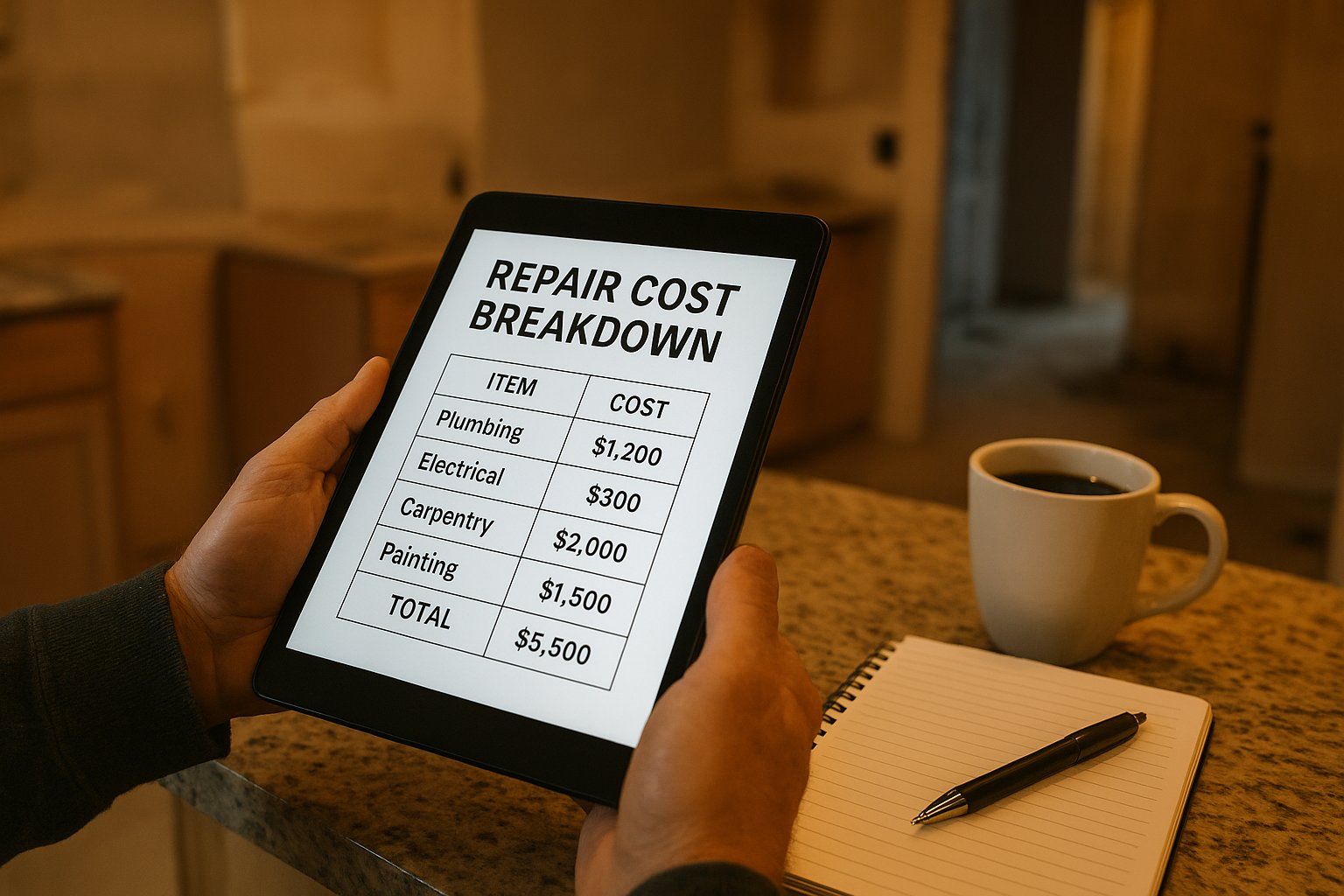 Investor reviewing repair cost estimates on a tablet before making an offer