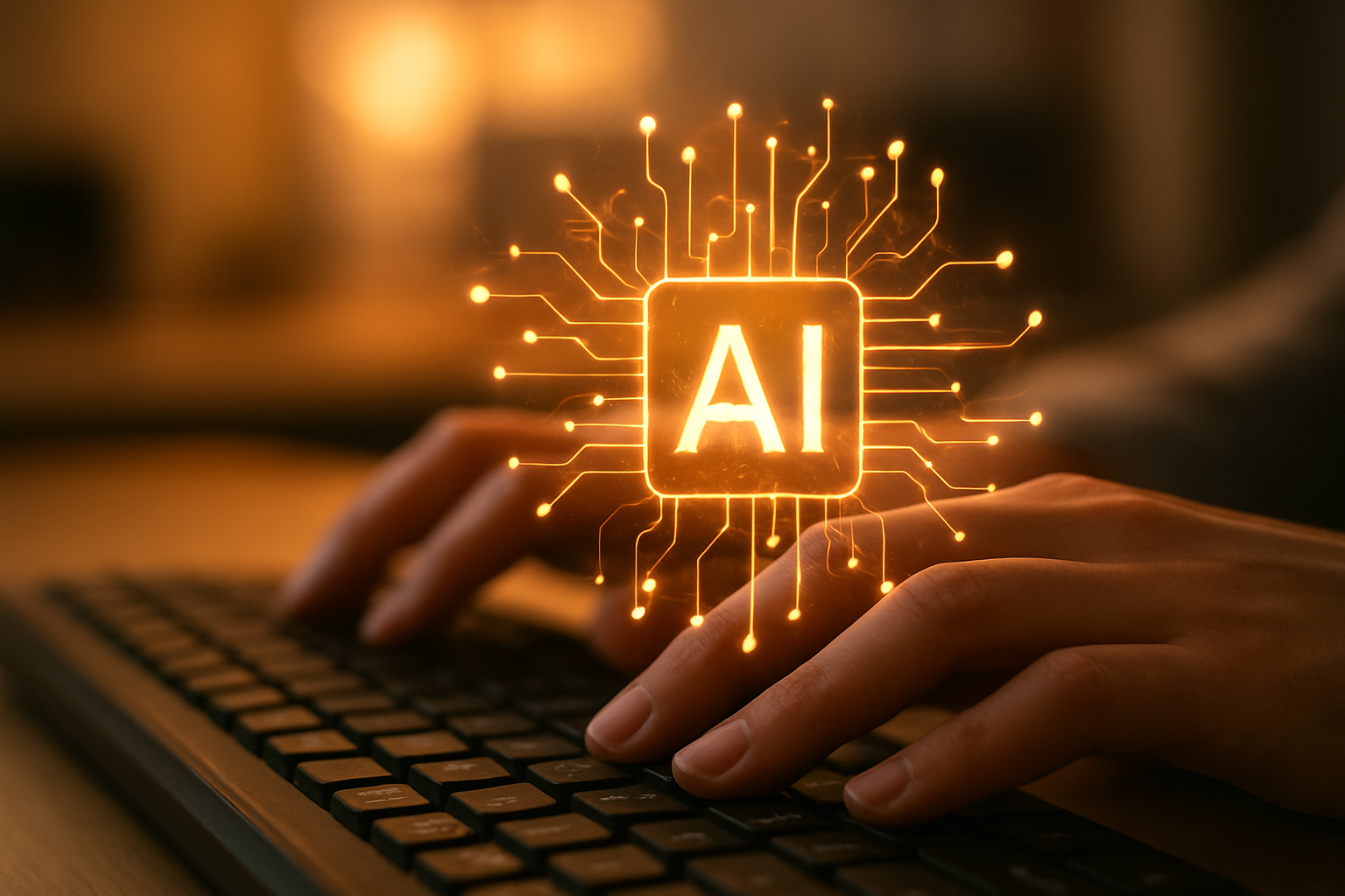 Person typing on keyboard using digital marketing AI tools with network overlay graphic