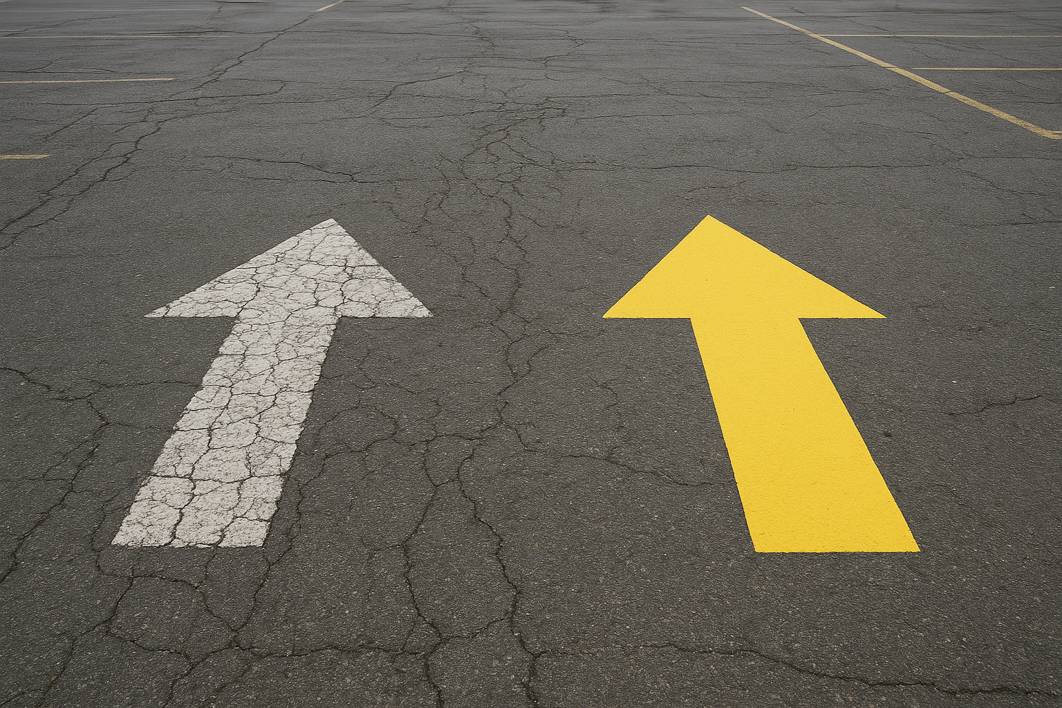 Faded parking lot arrow compared to a freshly repainted directional arrow