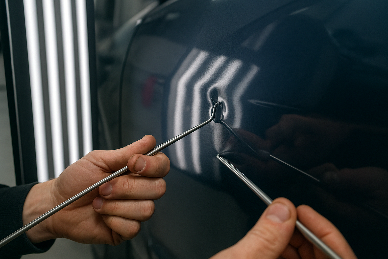 PDR technician performing hail damage repair in a Brea body shop
