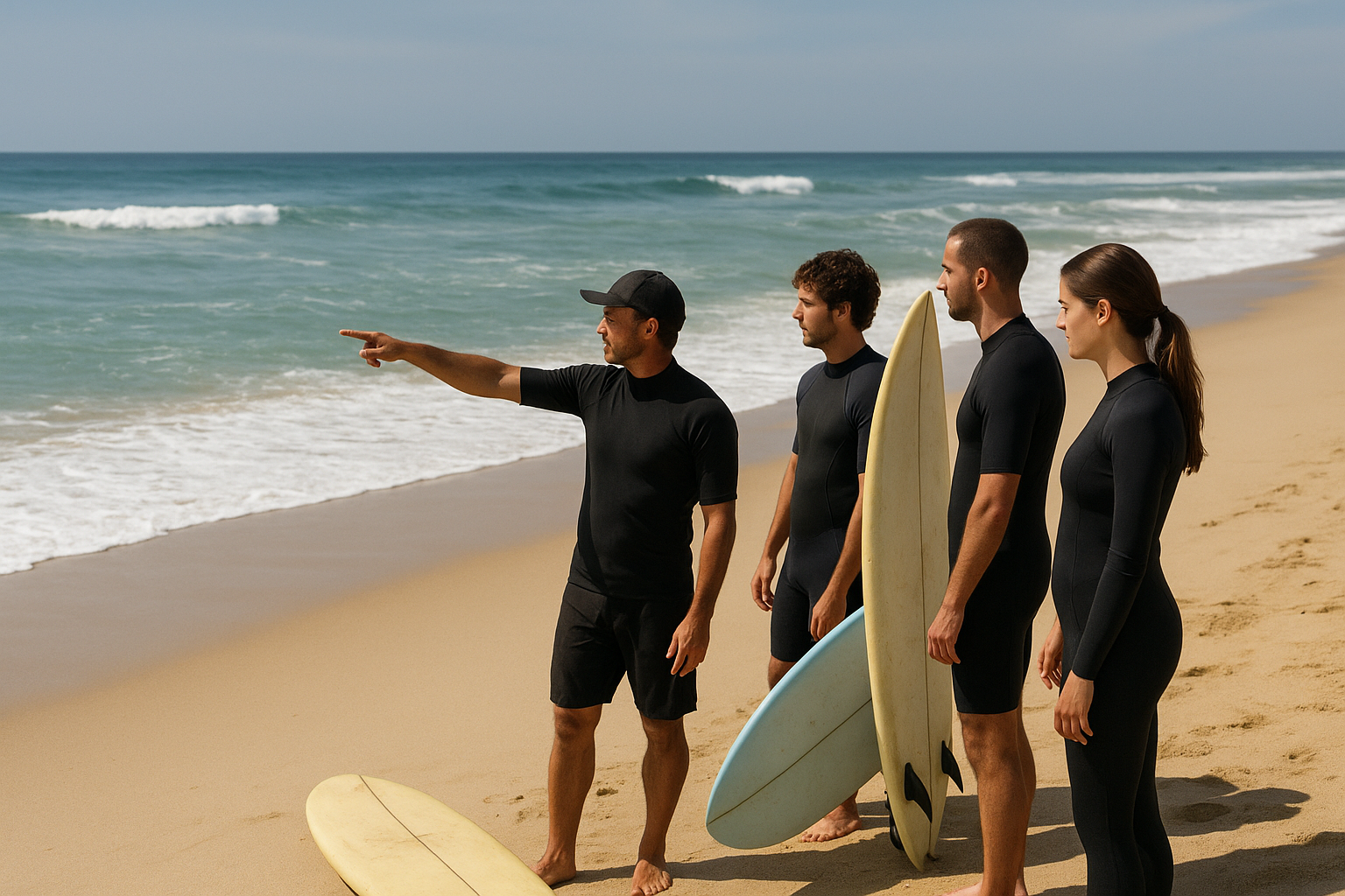 Instructor teaching rip current awareness during a surf safety class