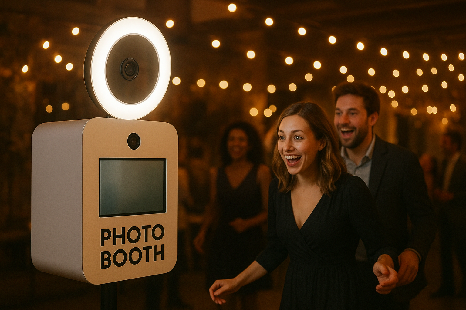 Self-serve photo booth rental Indiana setup glowing at an evening celebration
