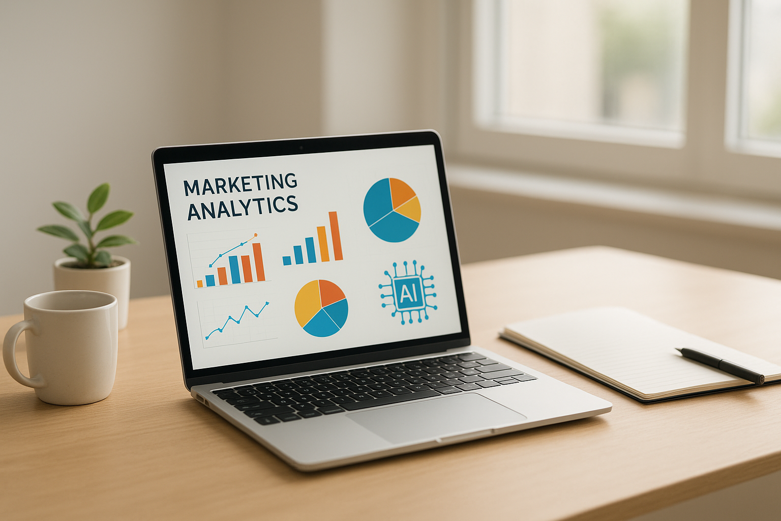 Marketer analyzing digital marketing AI tools dashboard with charts and AI icons