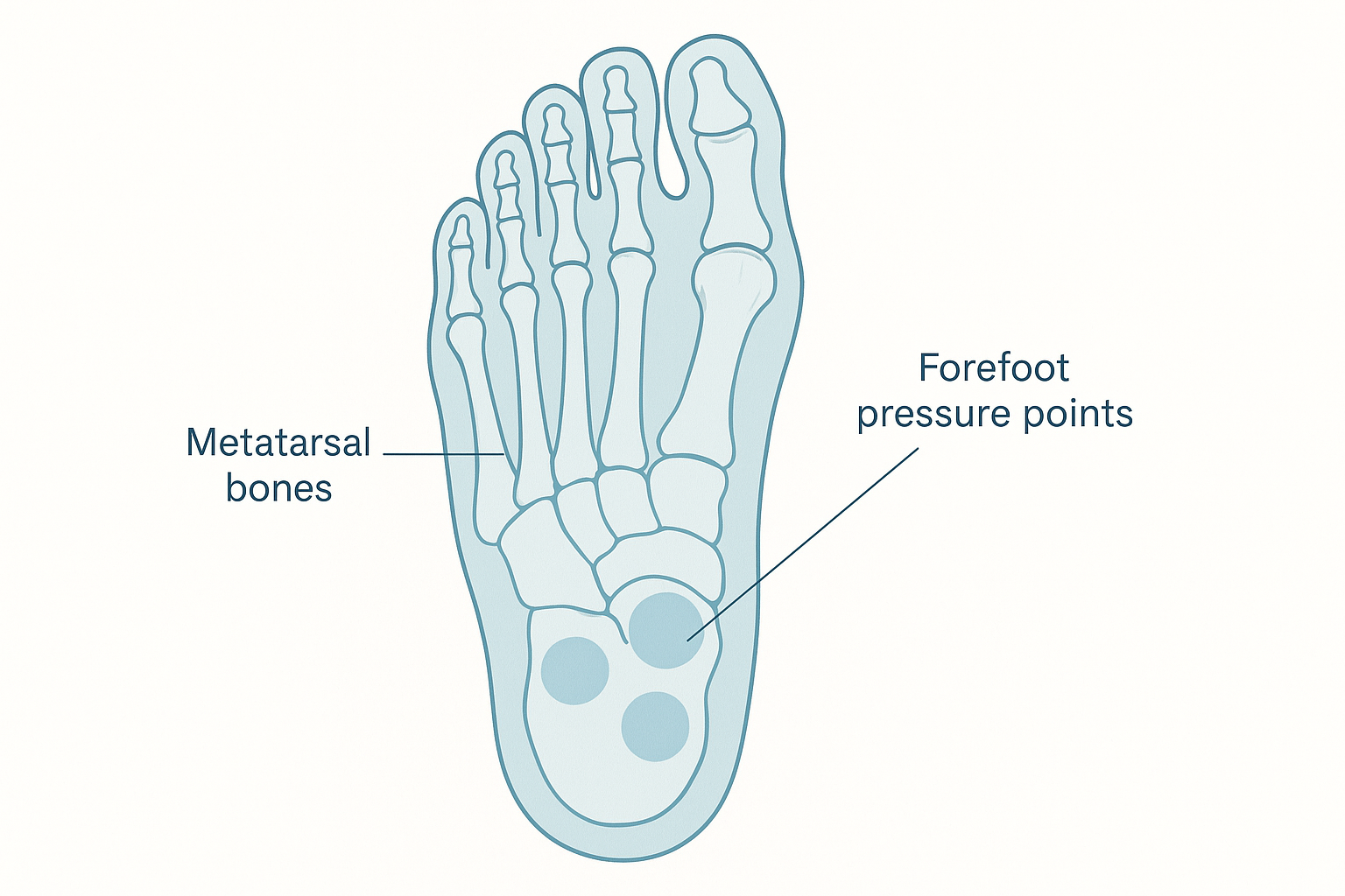 Diagram showing metatarsal bones and forefoot pressure points related to metatarsalgia