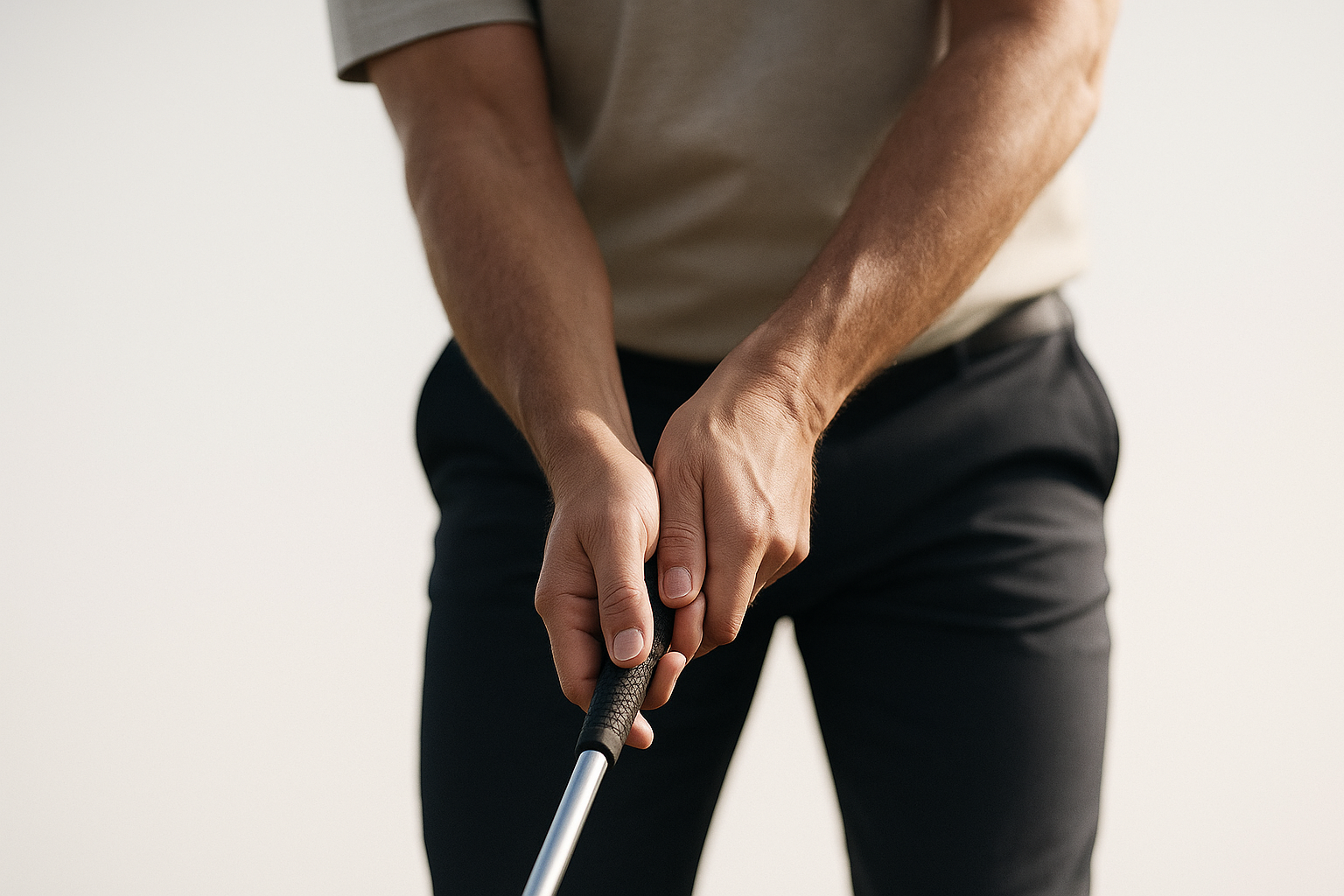 Close-up of golfer's grip and posture before an elite swing coaching session