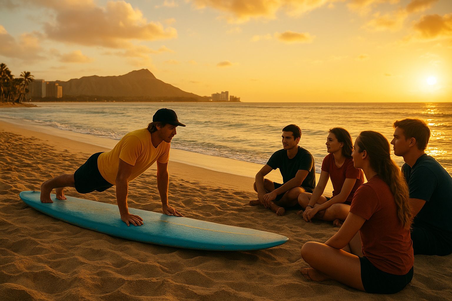 Instructor demonstrating pop-up technique to a small surf lesson group on Waikiki Beach
