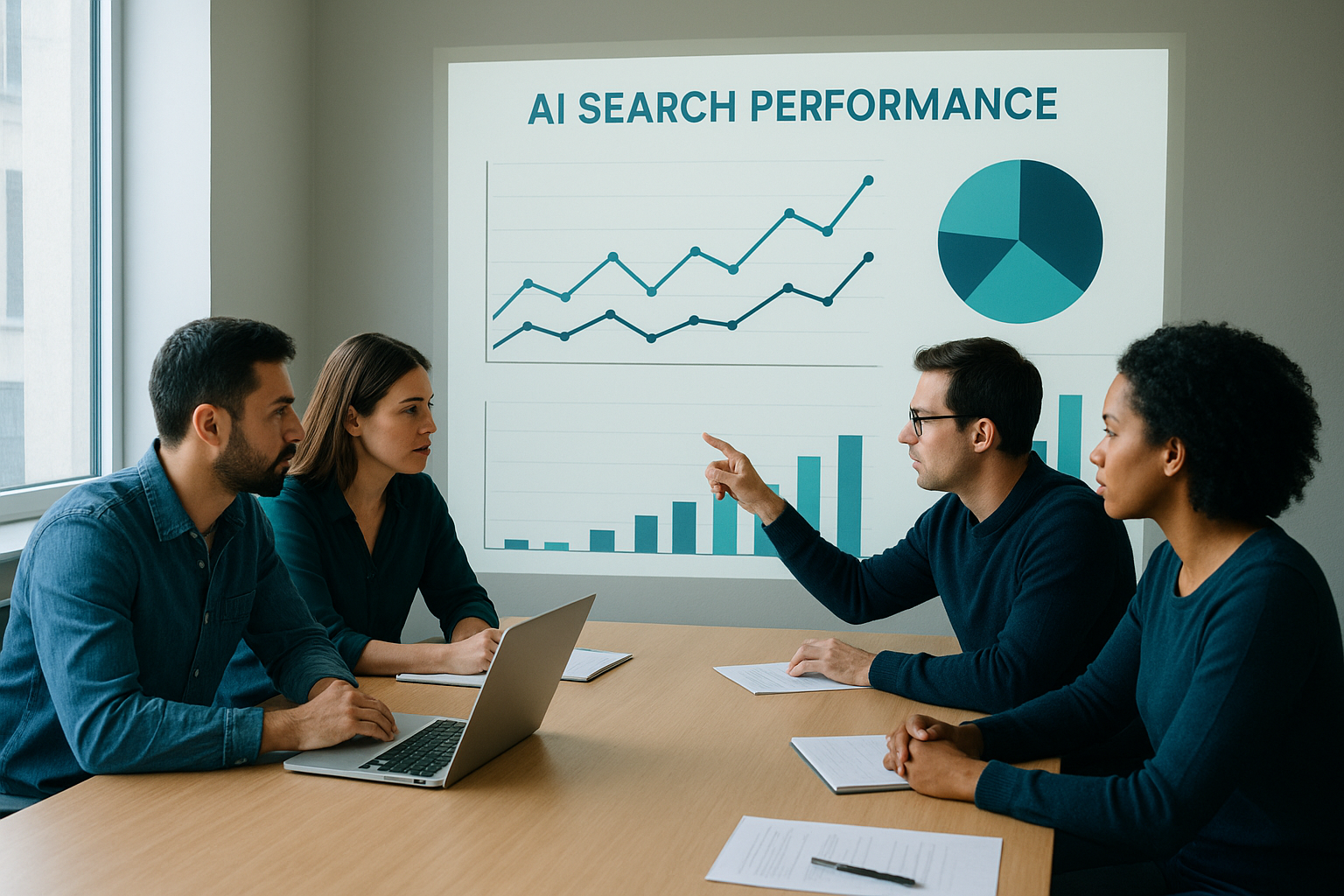 Digital agency strategists analyzing AI search visibility data during a team meeting