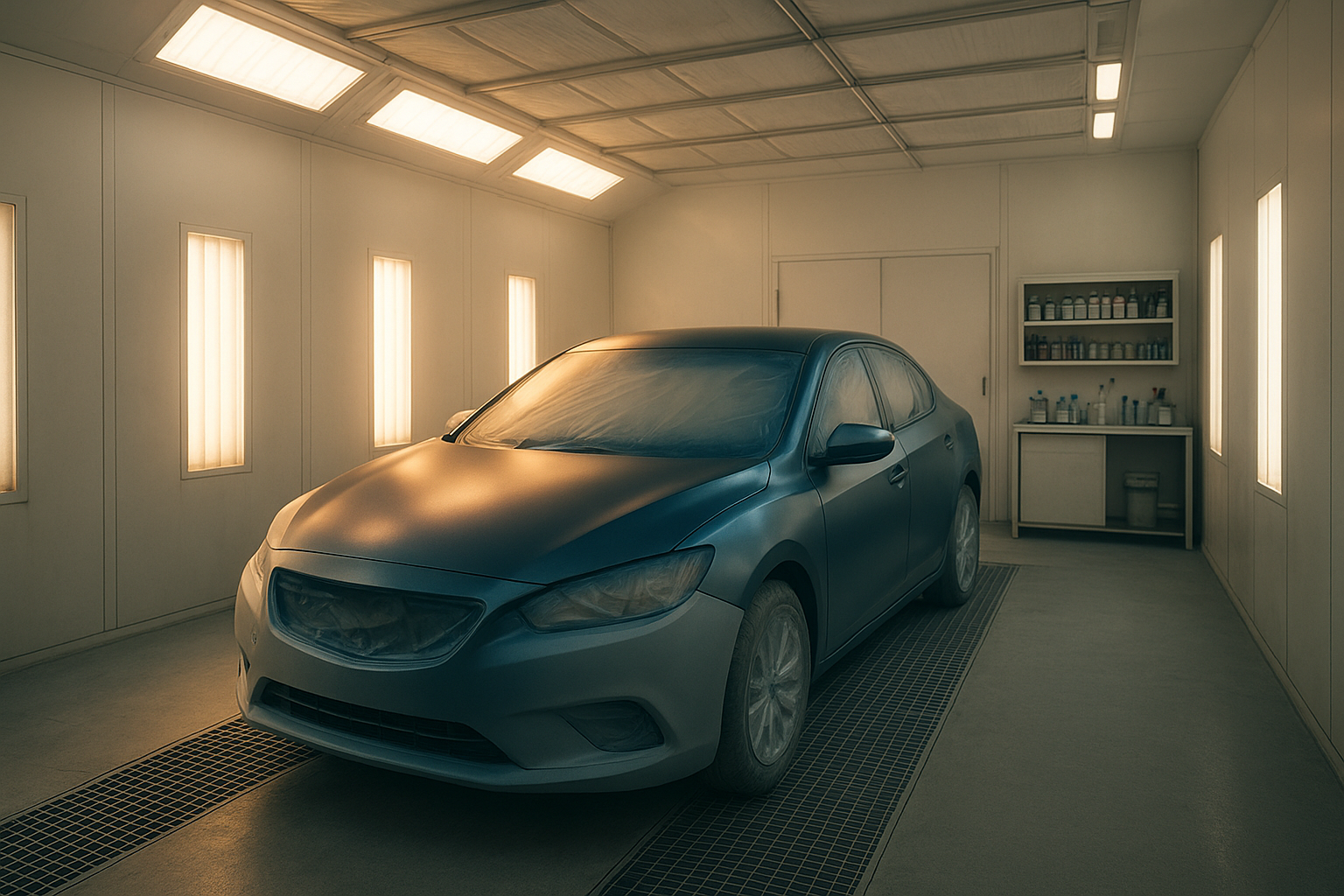 Modern auto body paint booth used for precision color matching repairs