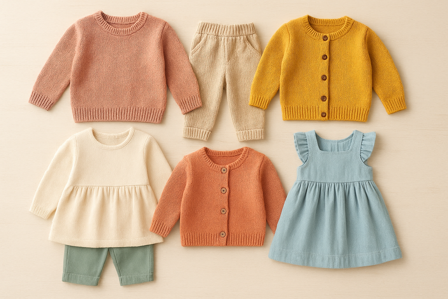 Curated flexible kids clothing rental bundle laid out on a wooden surface