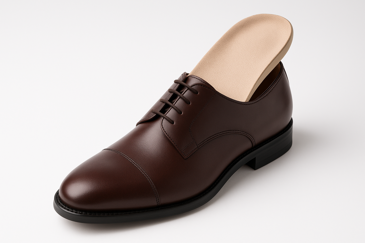 Three-quarter length custom orthotic insole fitted inside a dress shoe