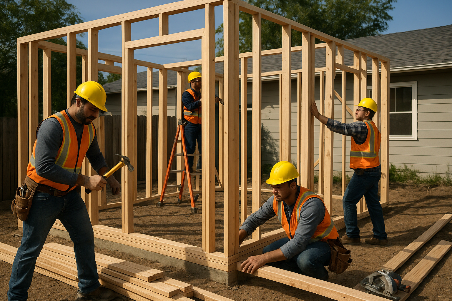 Construction crew framing a detached accessory dwelling unit during the building phase