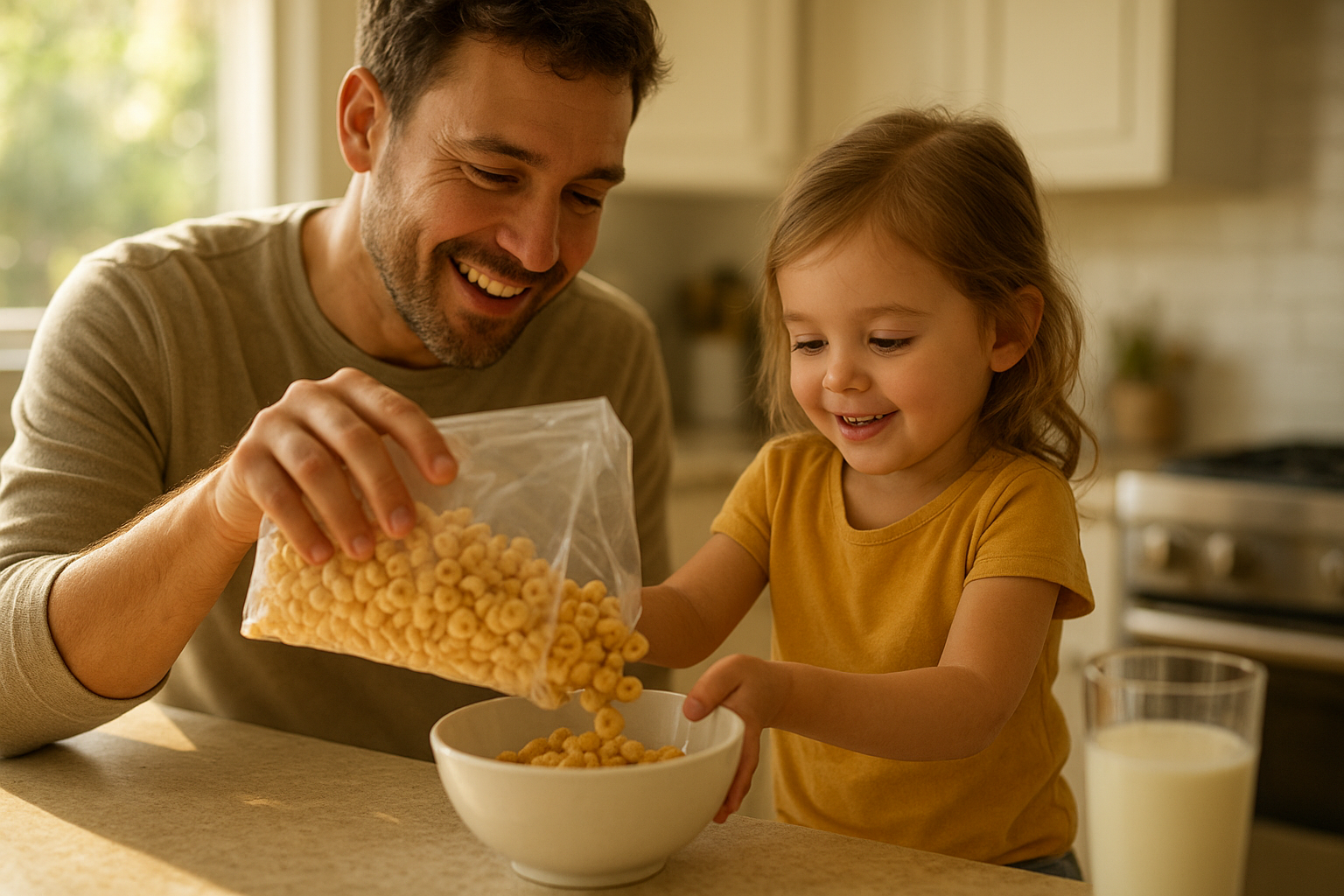 Parent and child pouring a bowl of no refined sugar cereal at breakfast
