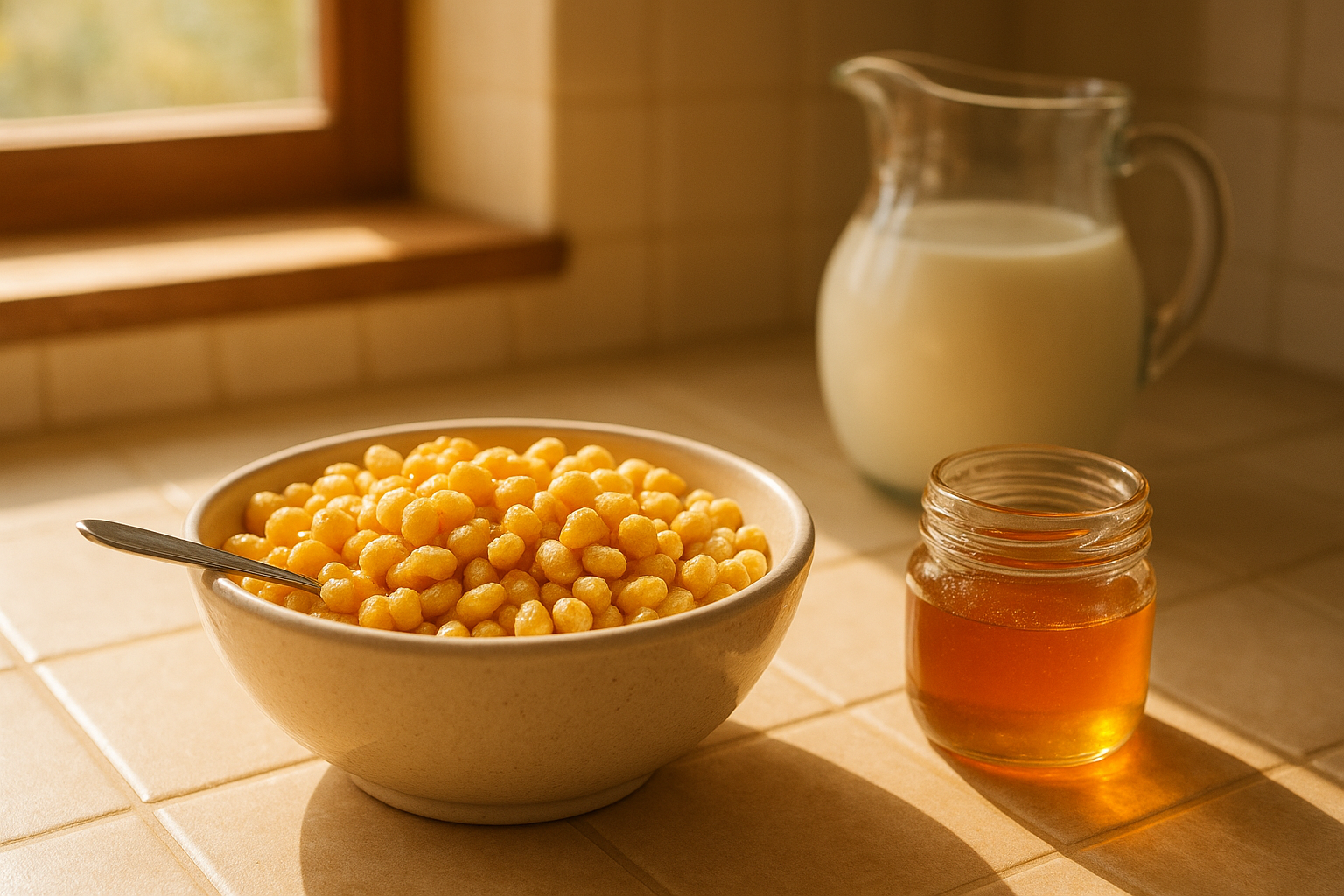 Organic honey puffed cereal made without seed oils in a ceramic bowl