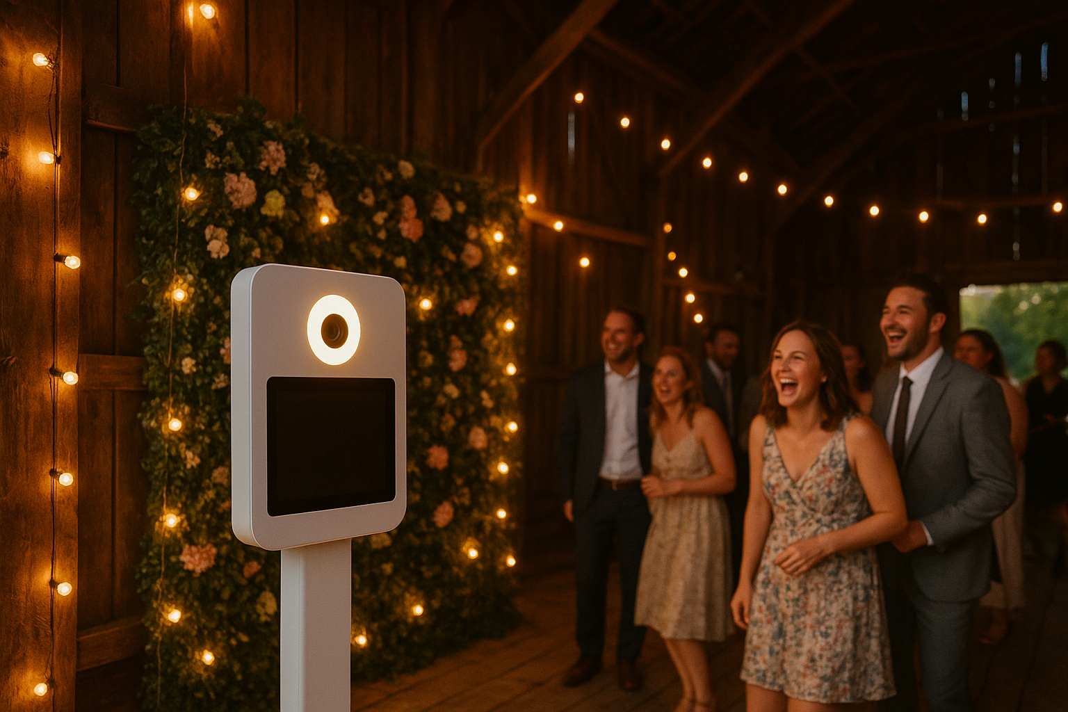 photobooth rental Rockport Indiana setup inside a rustic barn wedding venue