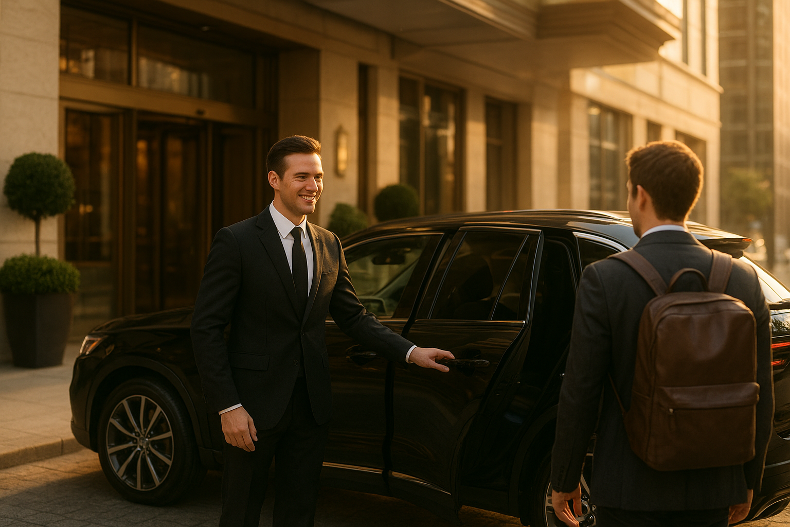 Chauffeur assisting a guest with hotel pickup transportation Charlotte at a hotel entrance