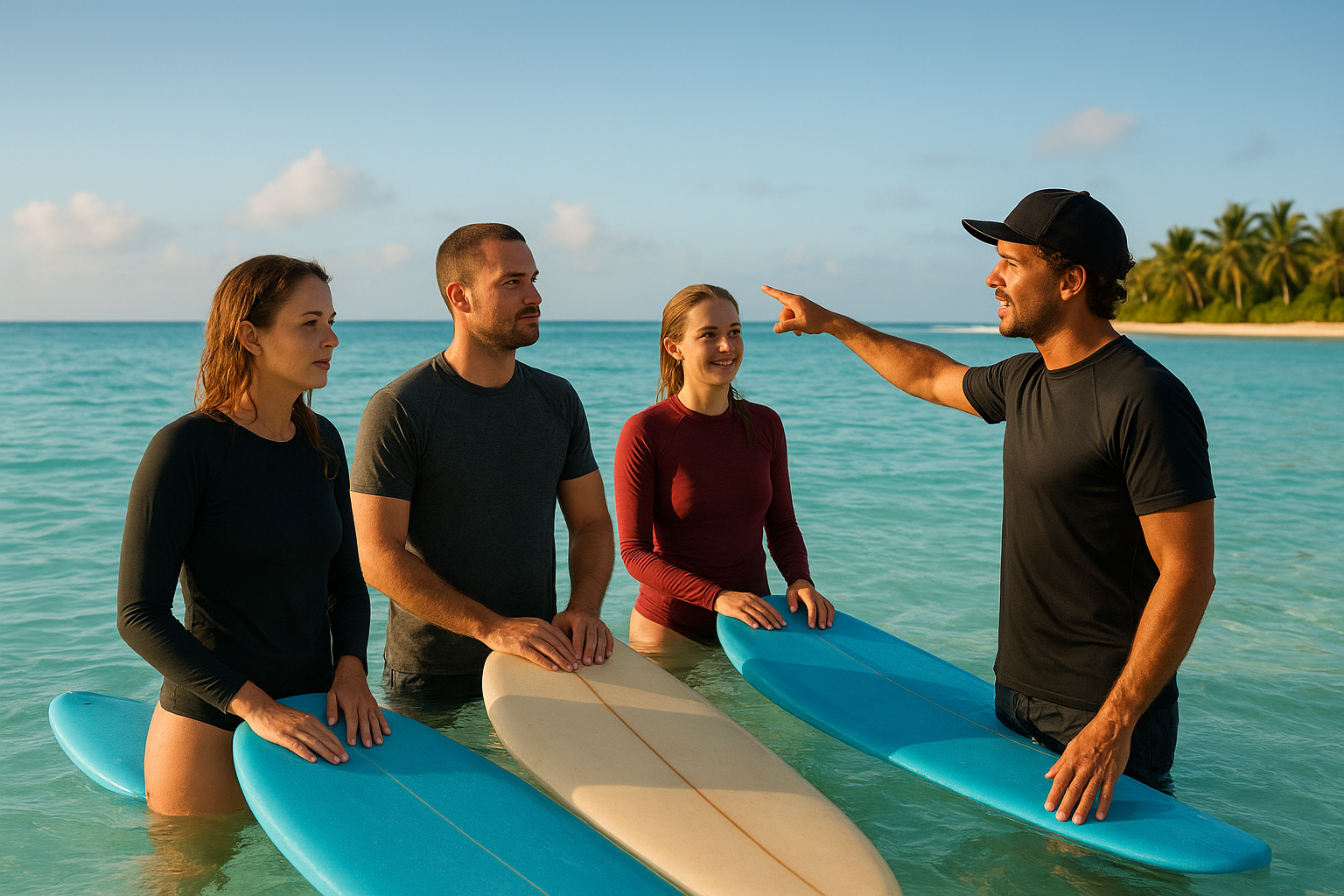 Small group of adult surf students receiving instruction before paddling out at a Waikiki beach break