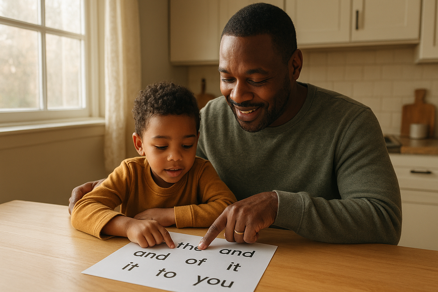 Parent and child reviewing a printable core word chart together at home for carryover practice