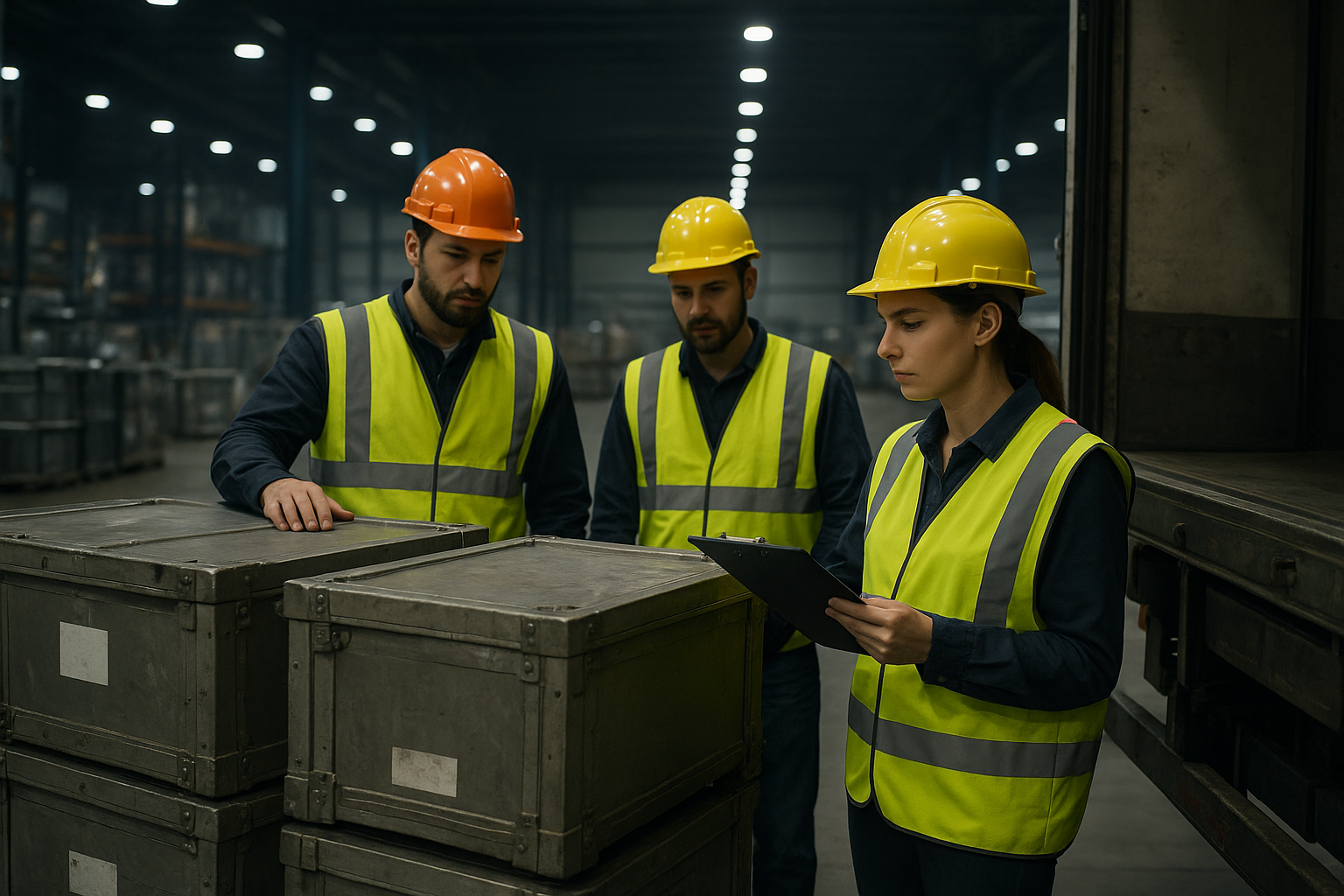 Warehouse team inspecting sealed military freight crates before secure transport