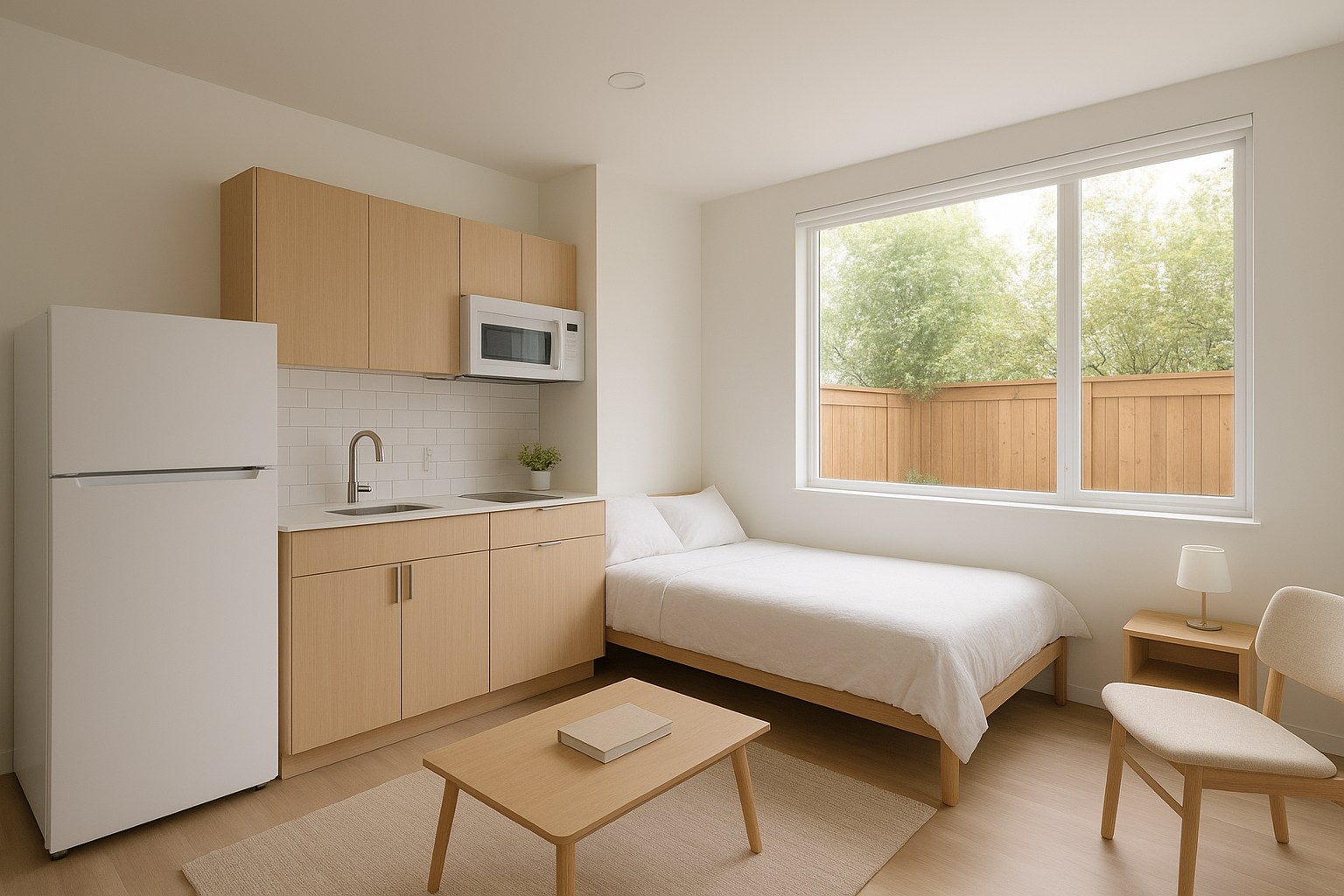 Compact junior accessory dwelling unit interior showing kitchenette and living space