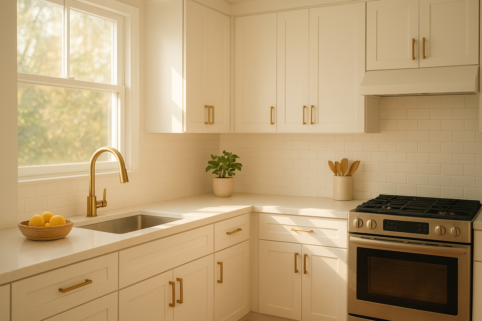 Bright kitchen showing quick kitchen updates with refaced cabinets and new hardware