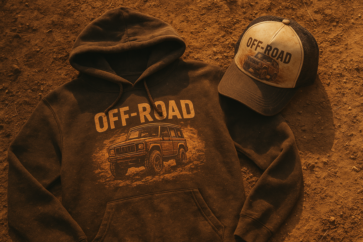Off-road themed hoodie and cap featuring vintage-inspired custom apparel design