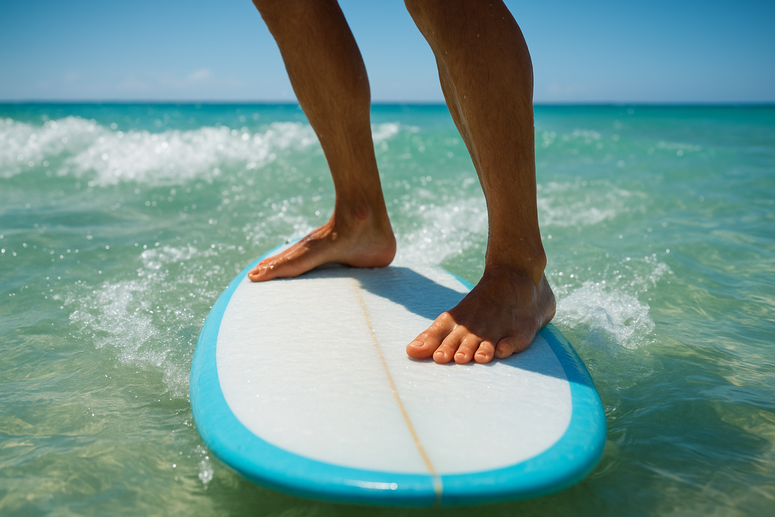 Beginner practicing pop-up technique during a surf lesson in shallow water