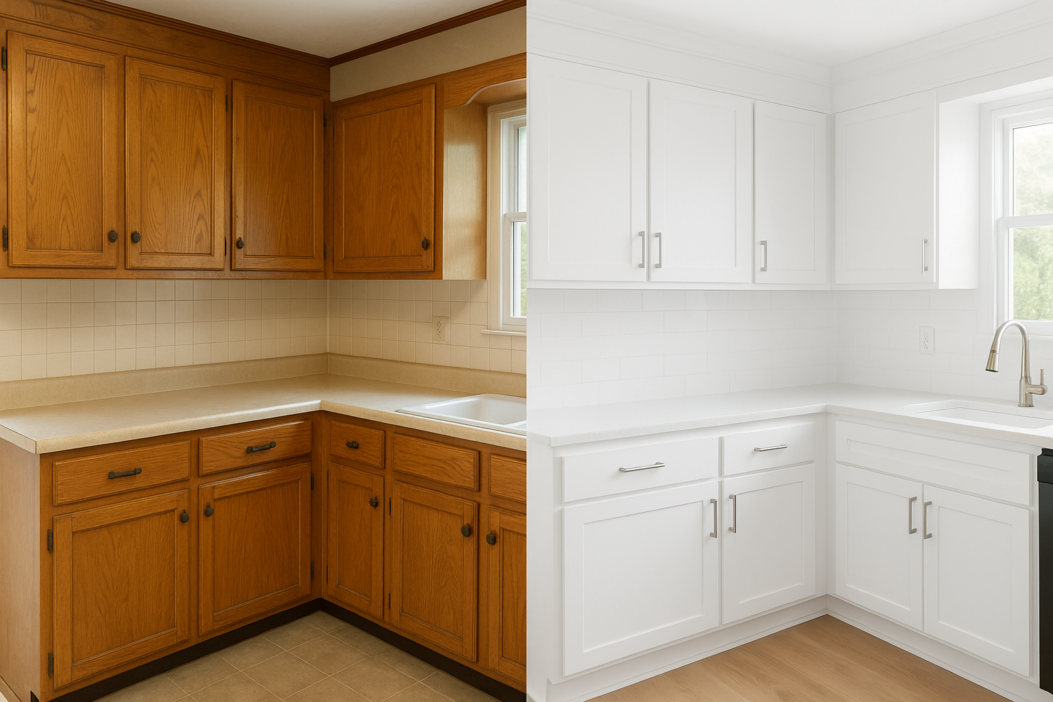 Before and after kitchen cabinet refacing showing a sustainable transformation with eco-friendly materials