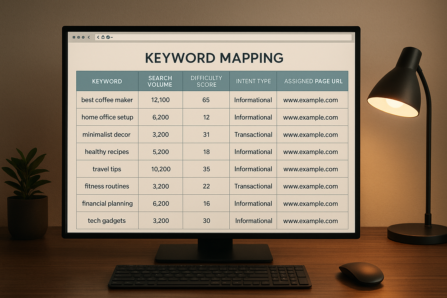 Monitor showing a keyword mapping spreadsheet used to organize an SEO keyword analysis into a content plan