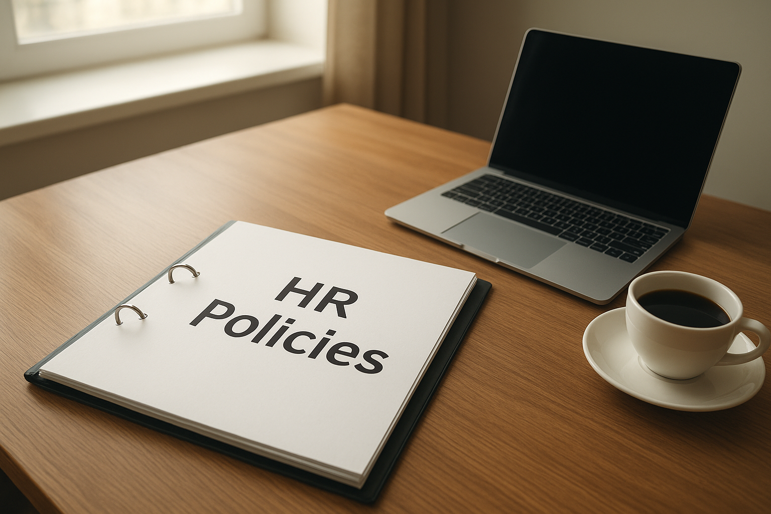 Open binder showing policies in HR manual on a modern office desk