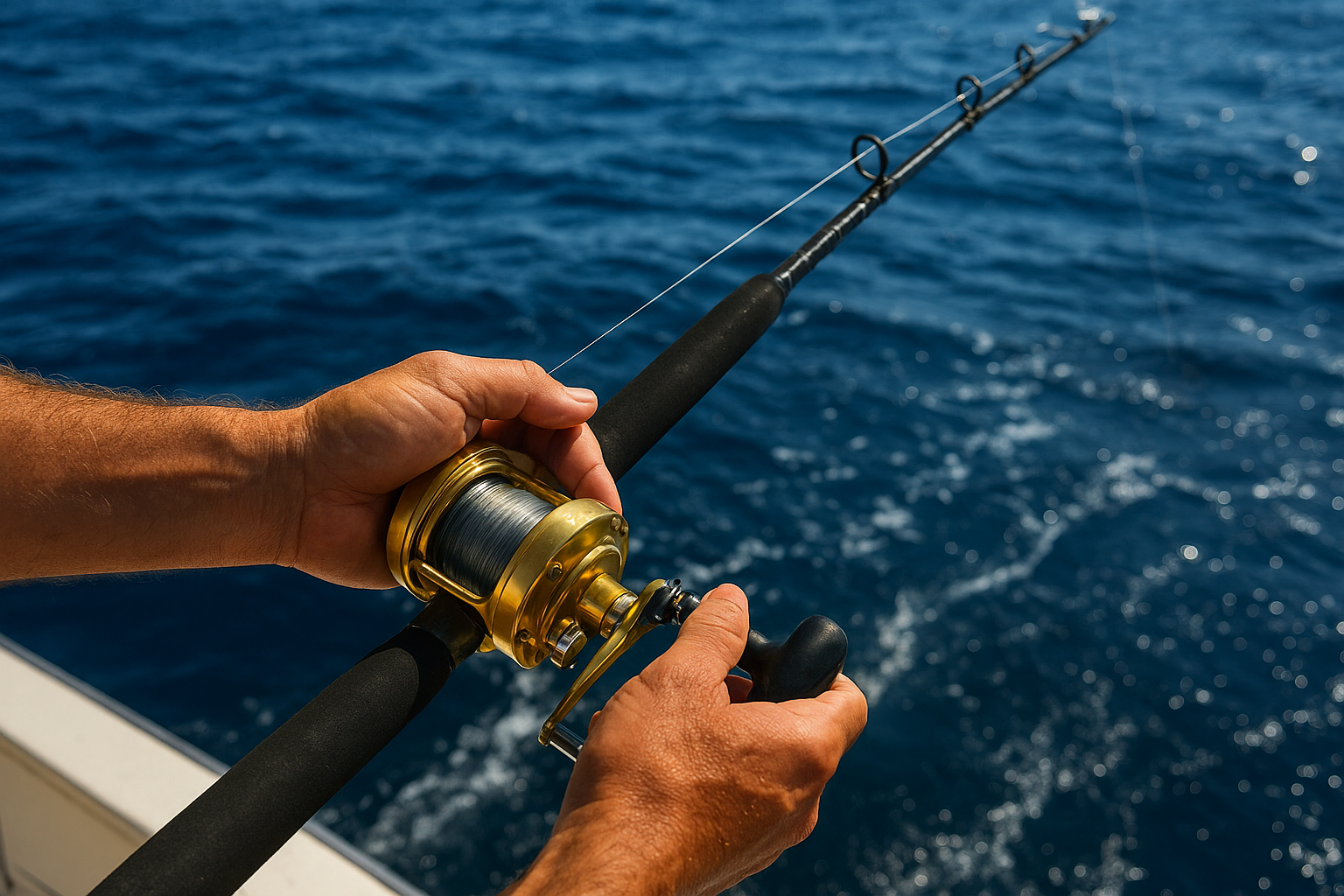 Angler reeling in a fish during a Gulf Stream offshore fishing charter off the South Carolina coast