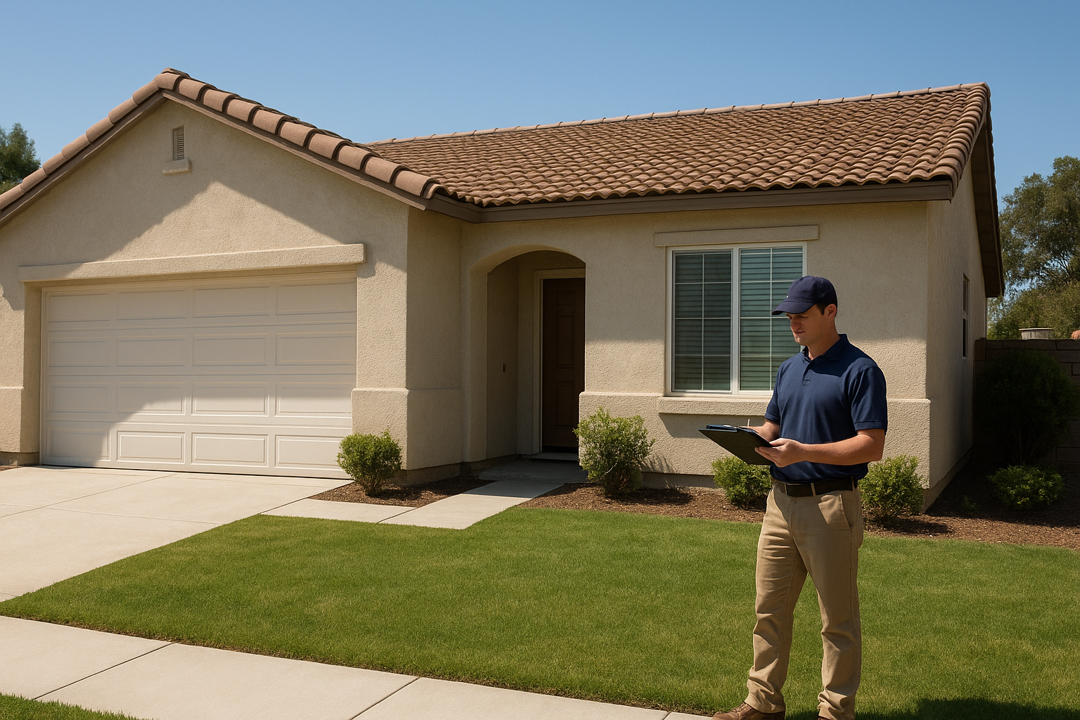 Exterior home inspection checking stucco and foundation condition in California