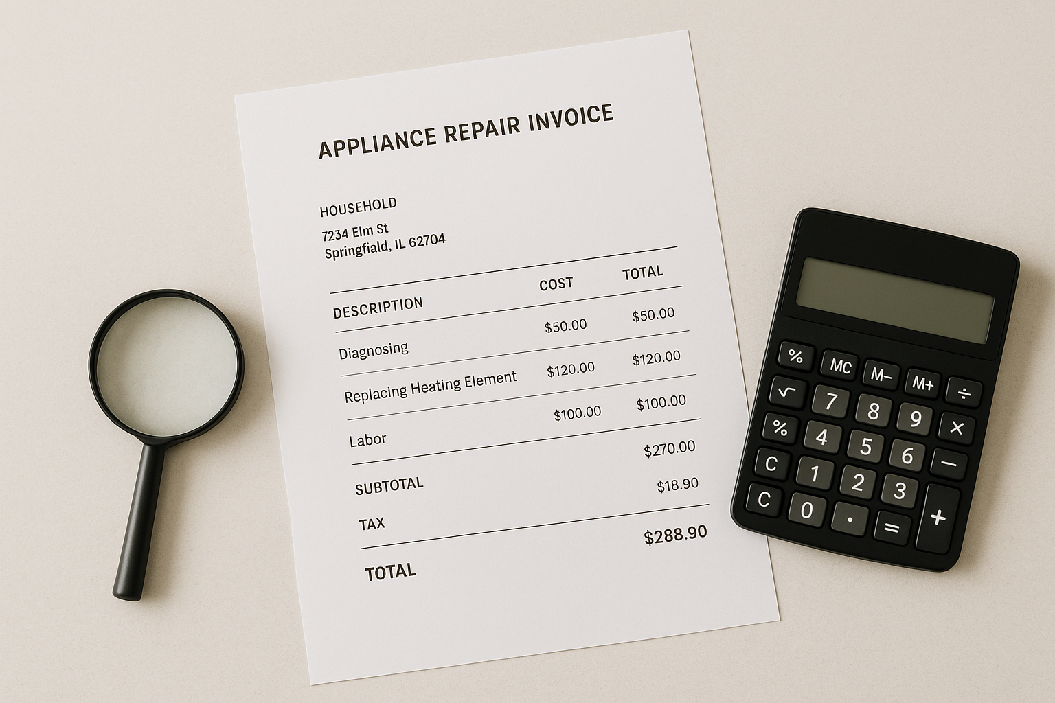 Itemized appliance repair invoice showing labor, parts, and diagnostic fee line items