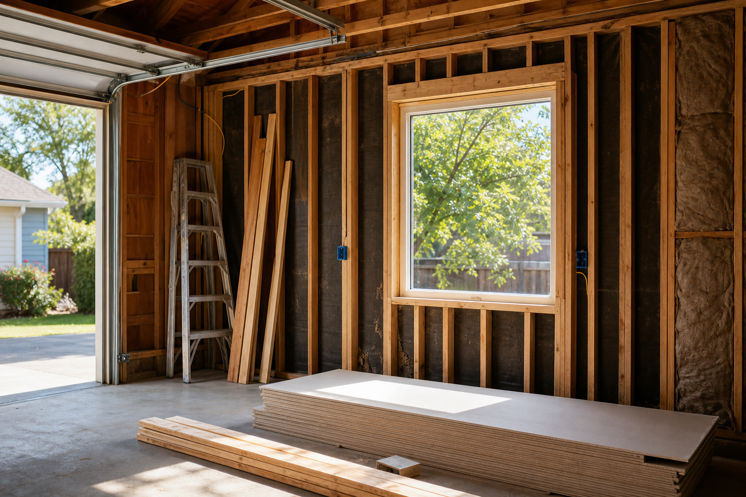 Garage mid-conversion showing framing changes used in adu garage conversion design solutions