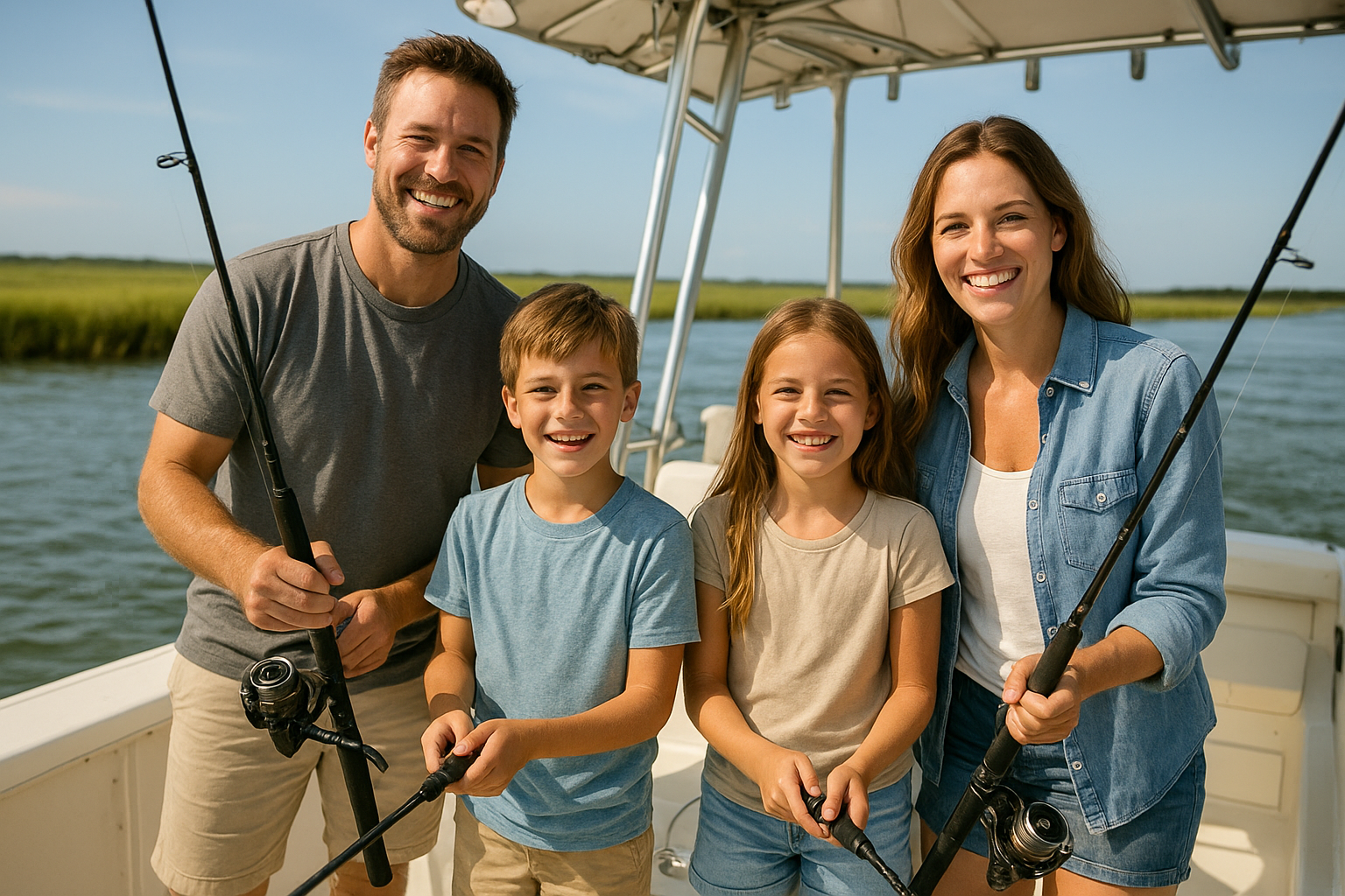 Family enjoying a Murrells Inlet fishing charter experience together on a private boat