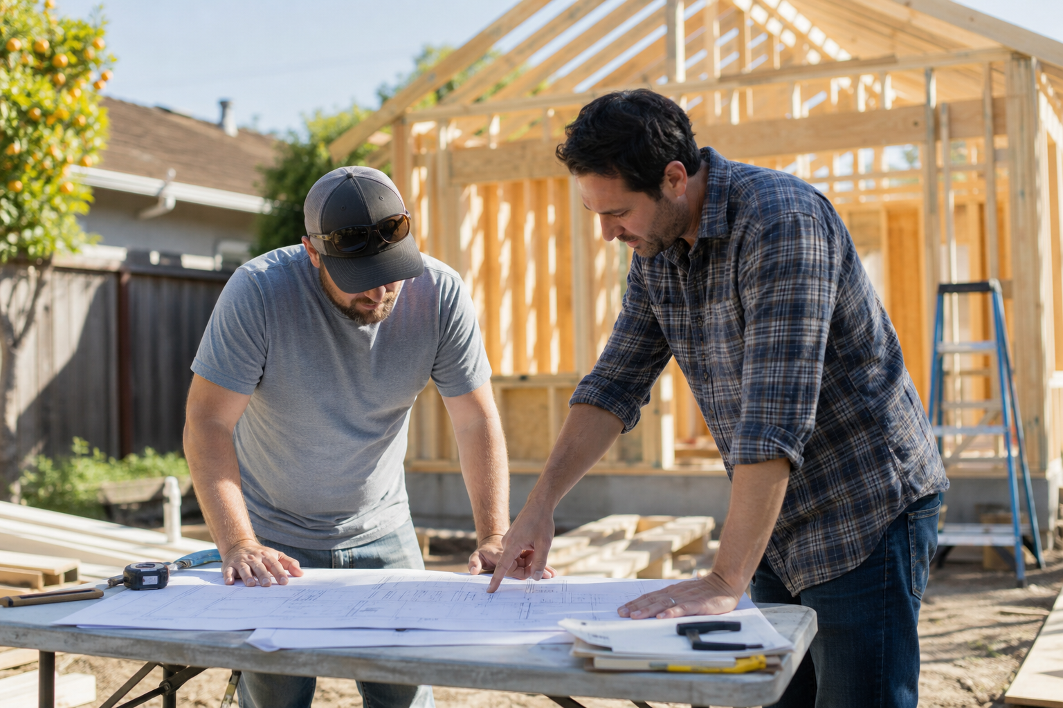 ADU design and build teams Orange County reviewing blueprints at a backyard job site