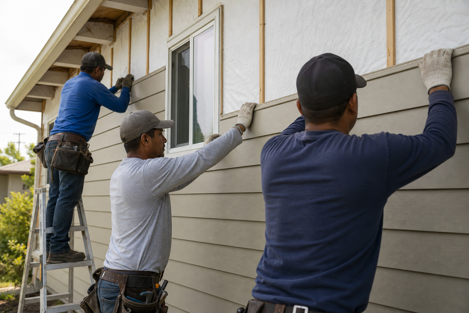 Production crew installing siding on a residential home as part of a contractor job workflow