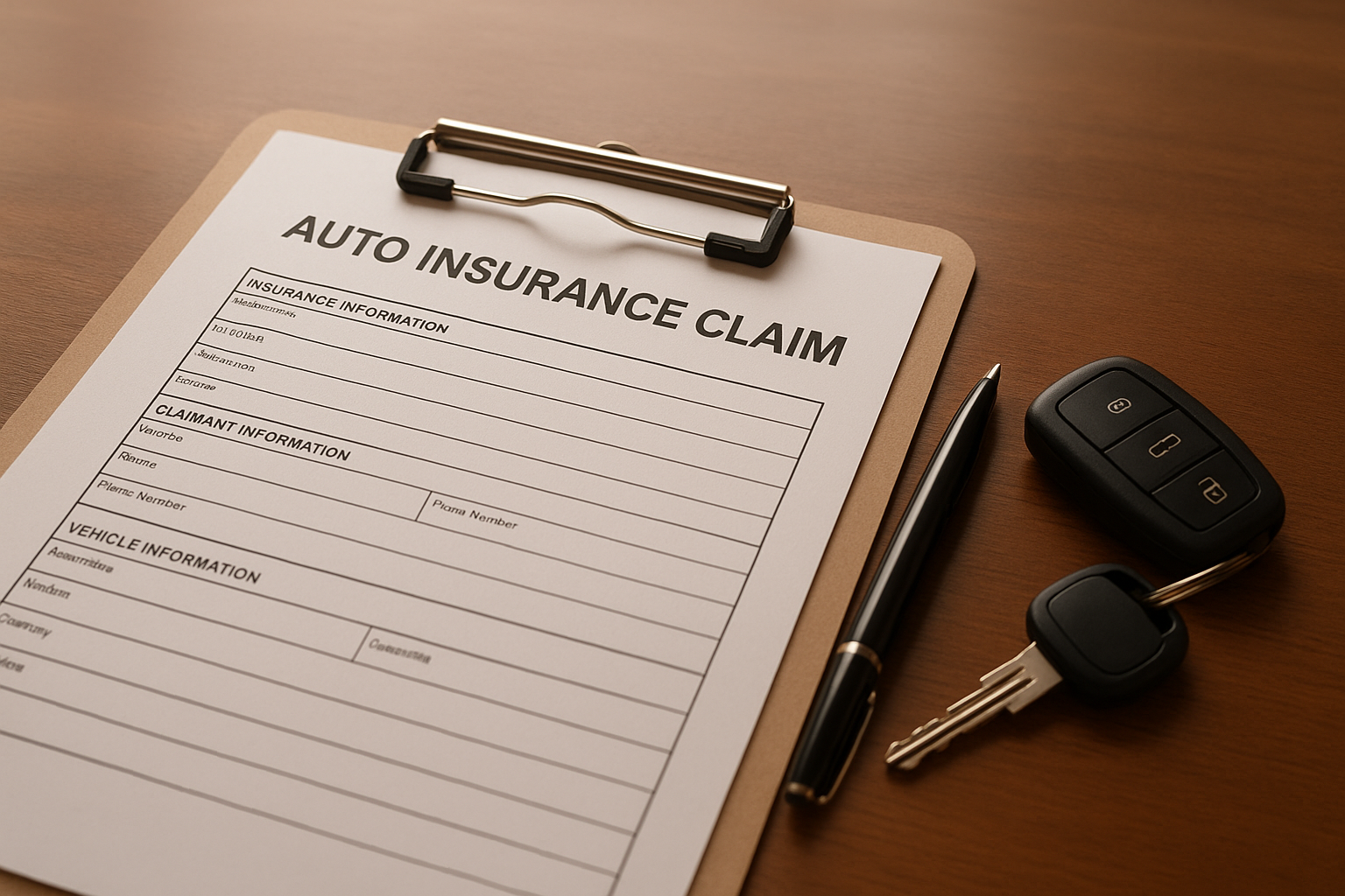 Insurance claim documents and car keys prepared for an auto body consultation appointment