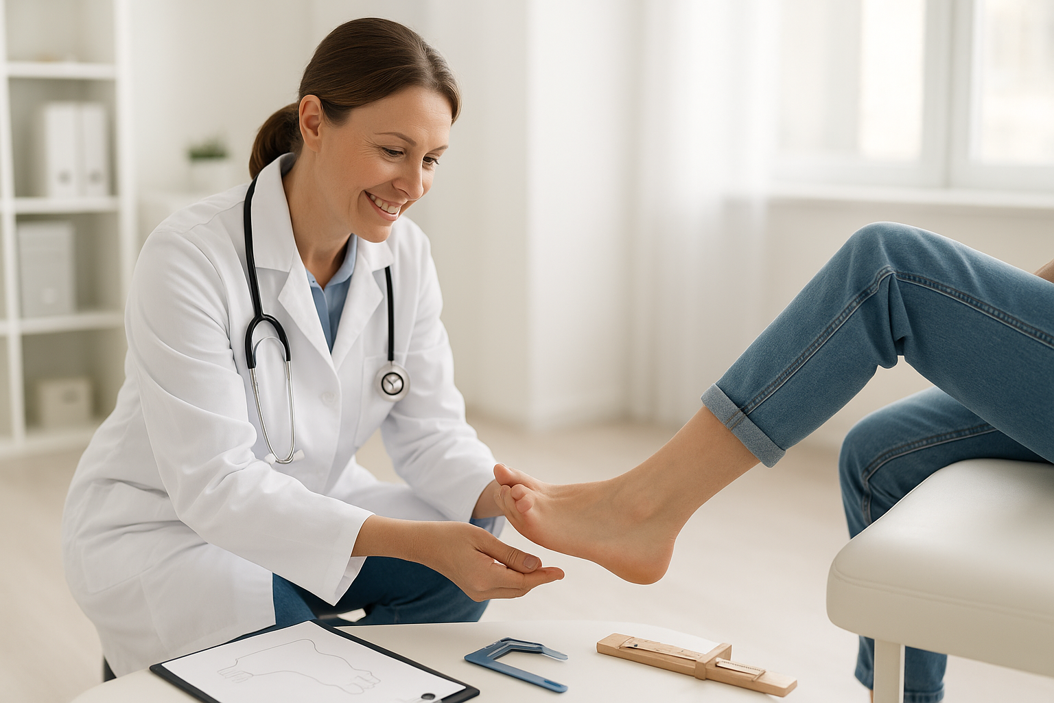 Podiatrist examining a patient's arch to assess the causes of heel pain