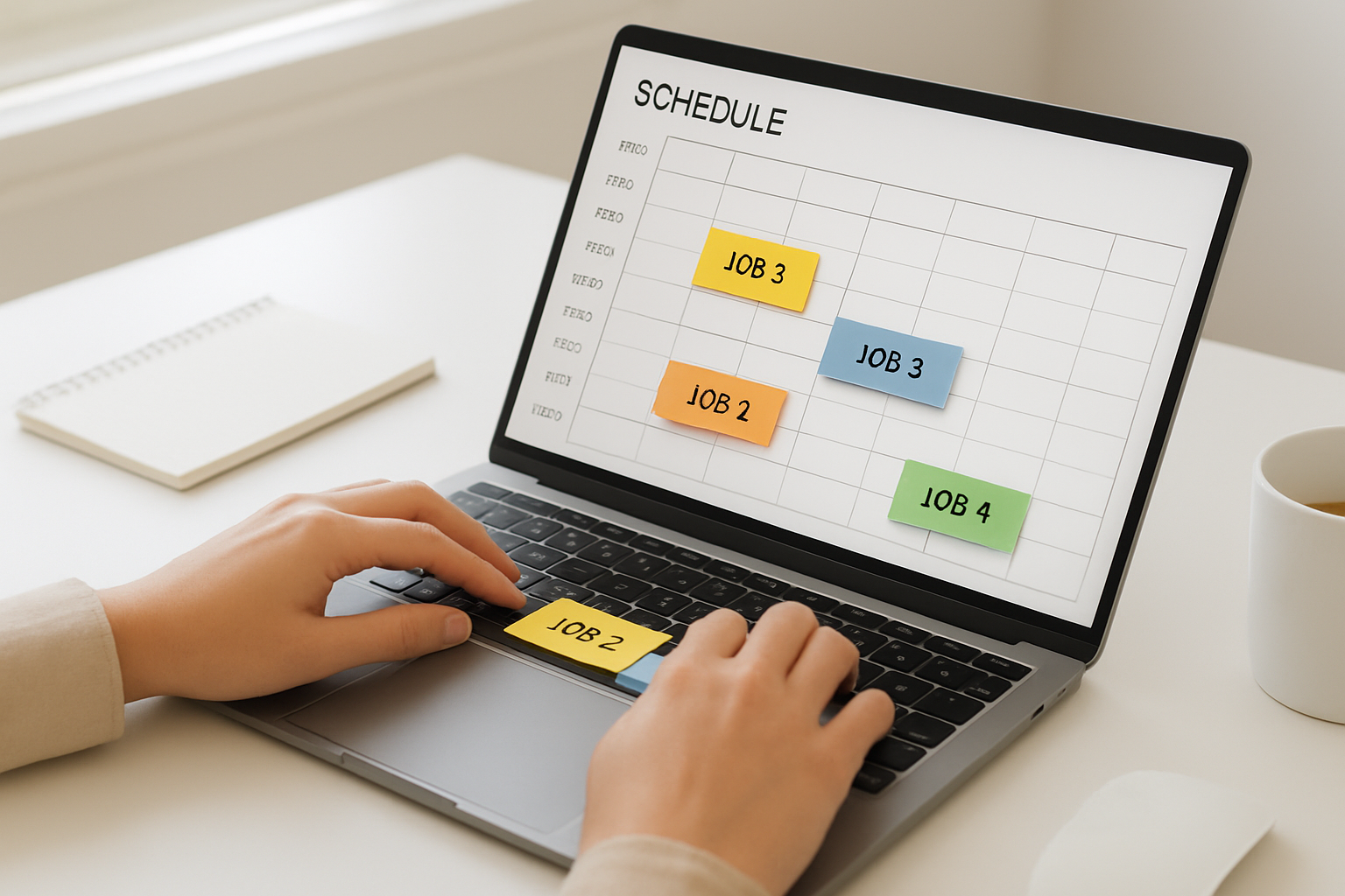 Dispatcher using drag-and-drop scheduling in landscaping software on a laptop