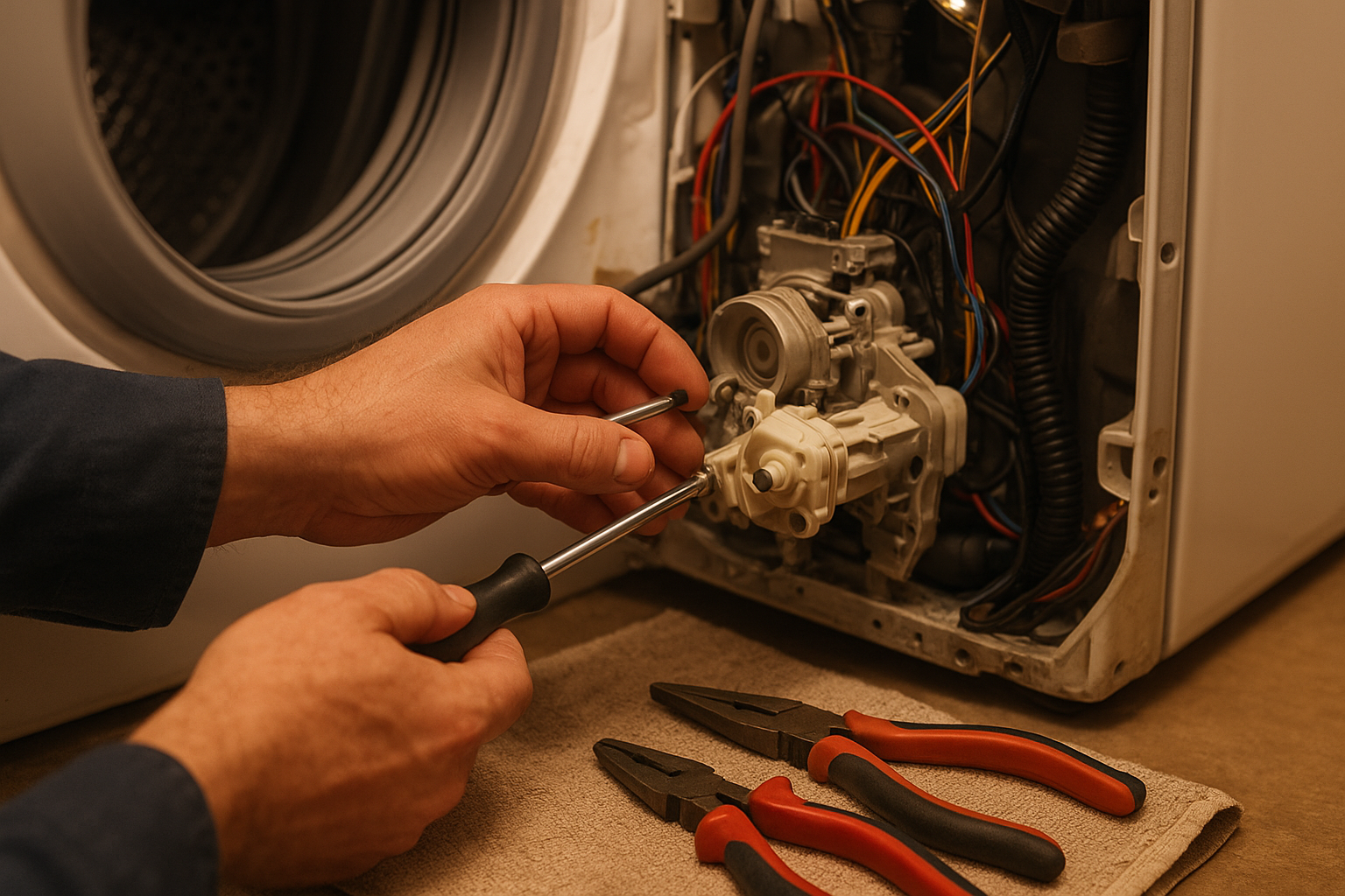 Technician performing hands-on laundry appliance repair during a home visit