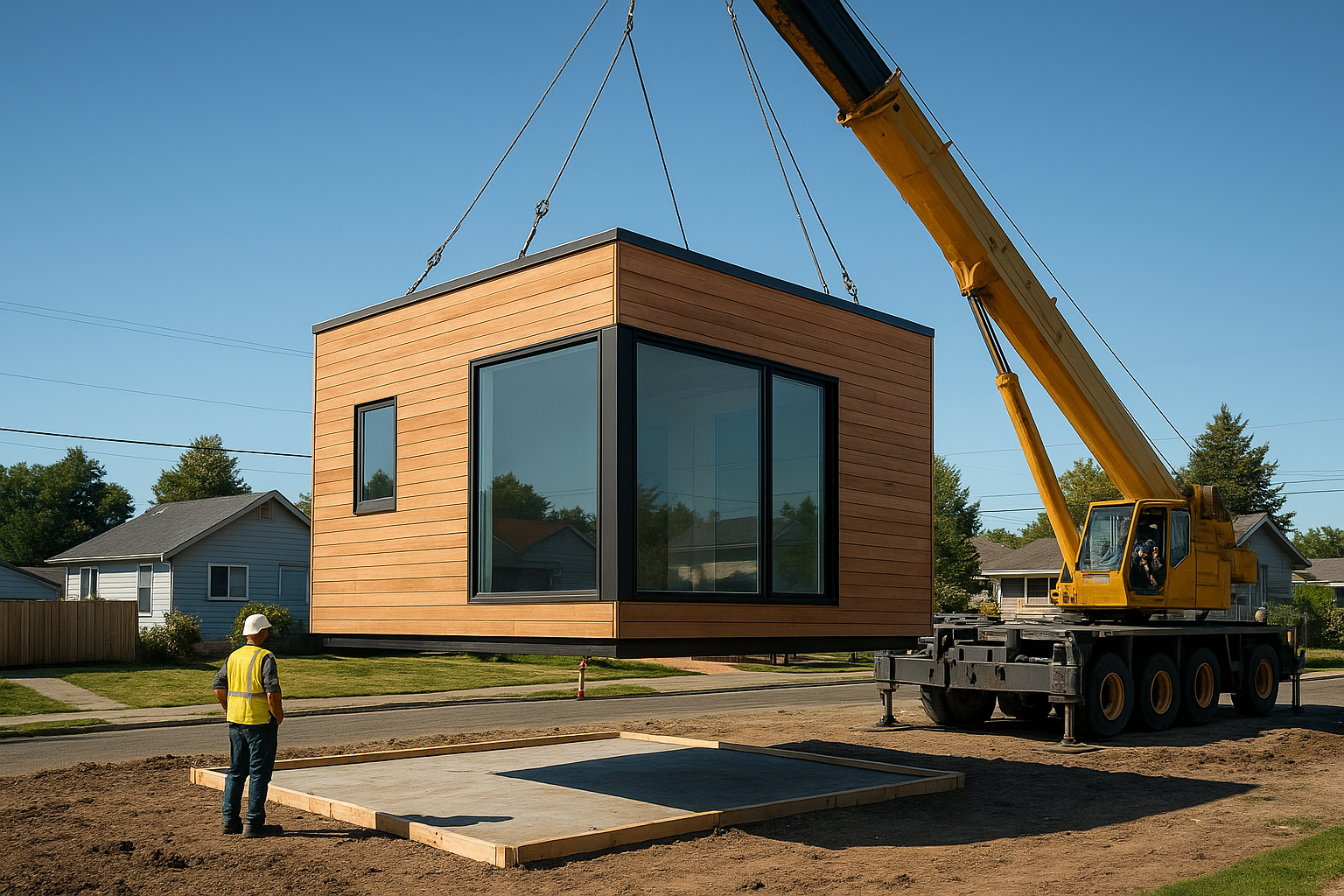 Prefab modular ADU unit being crane-installed on a residential lot showing factory-built accessory dwelling construction