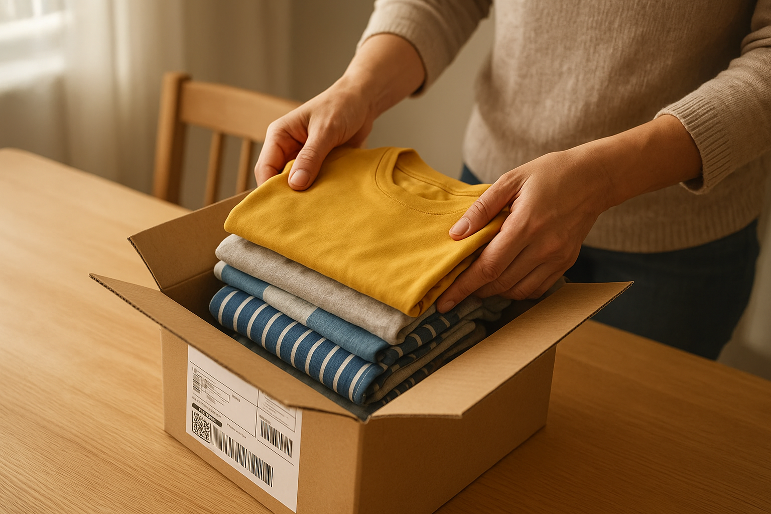 Parent preparing a prepaid shipping return box for a kids clothing rental swap