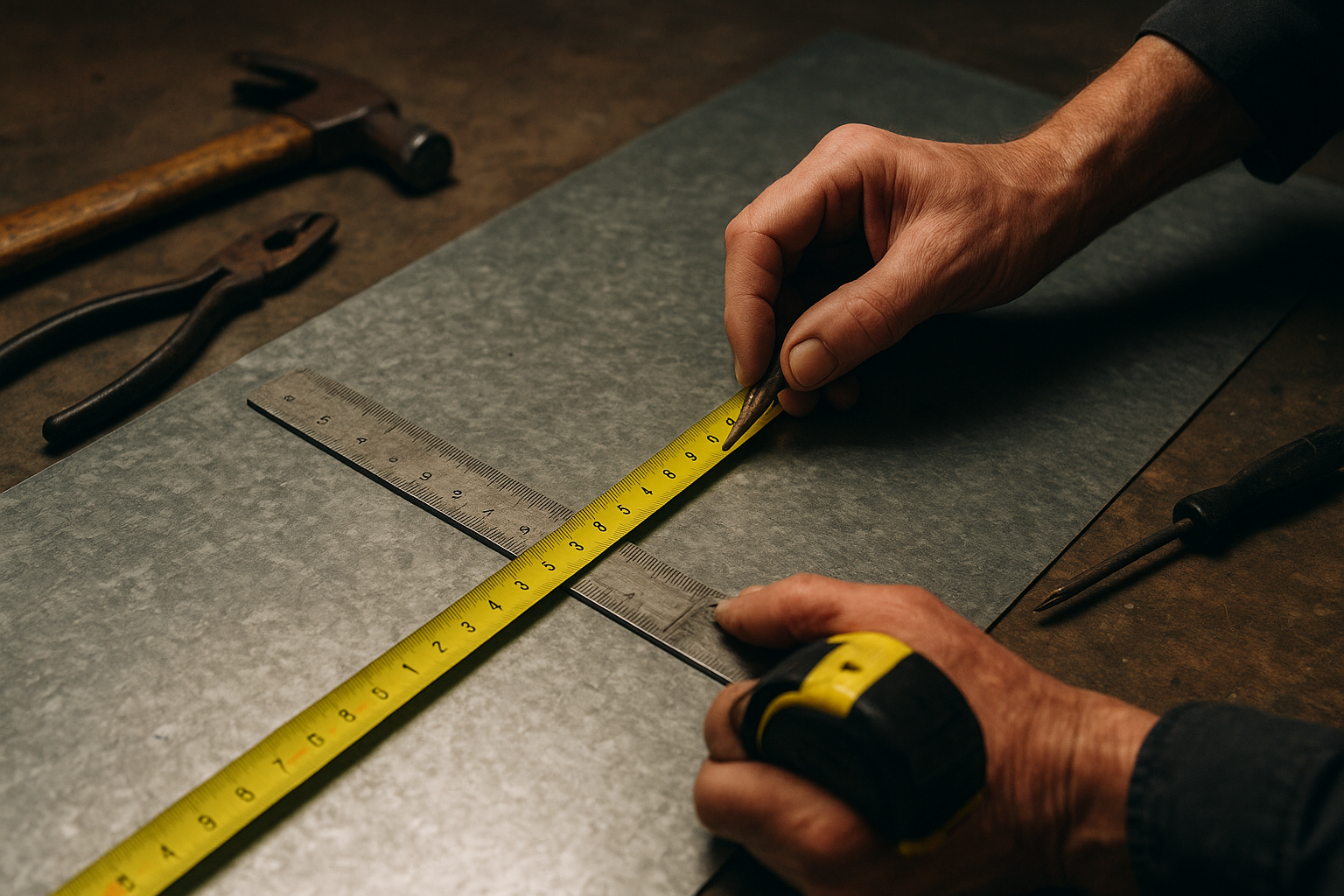Contractor measuring galvanized steel sheet before custom fabrication cuts