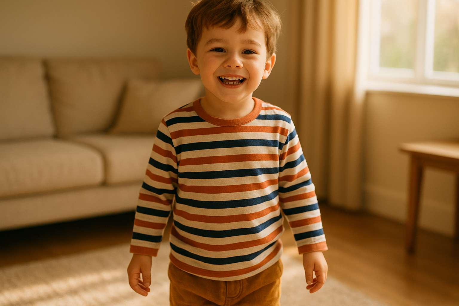 Young child wearing a fresh outfit from a kids' clothing subscription box in a bright living room