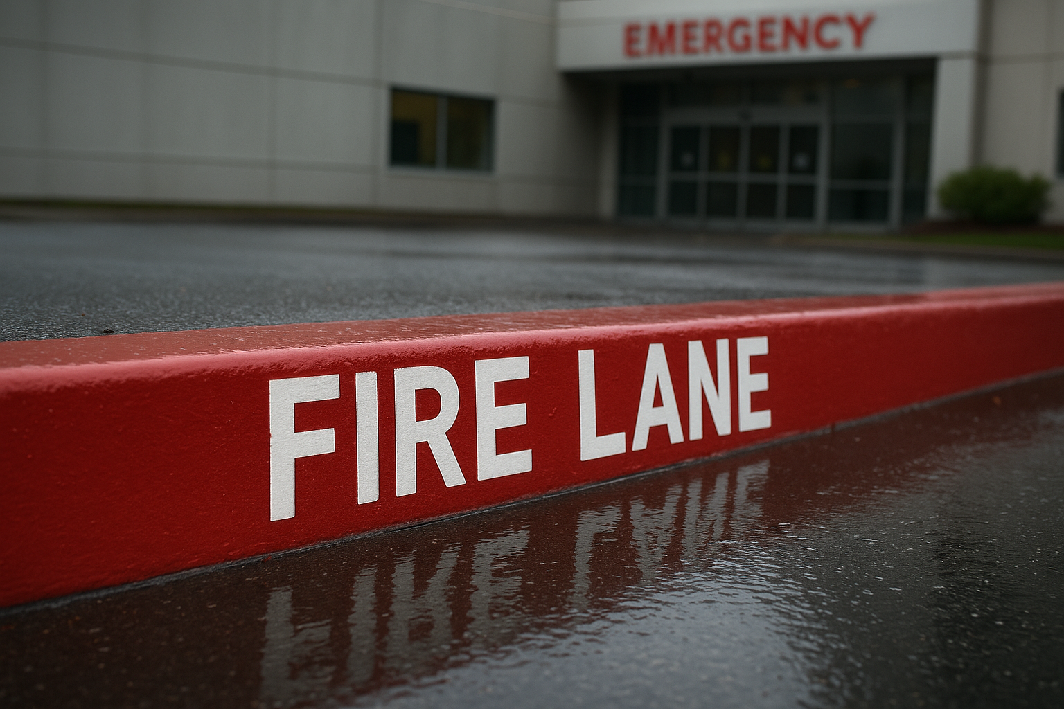Red fire lane markings and no parking text painted along a hospital emergency entrance curb