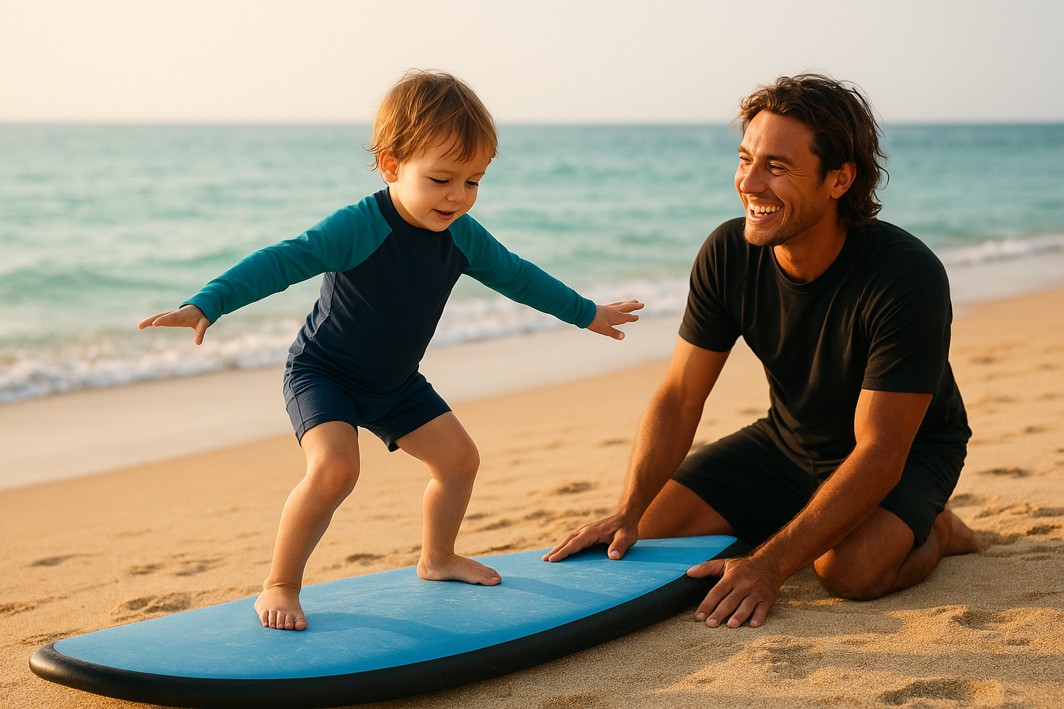 Instructor guiding a child through land practice at a child-friendly surf school in Oahu