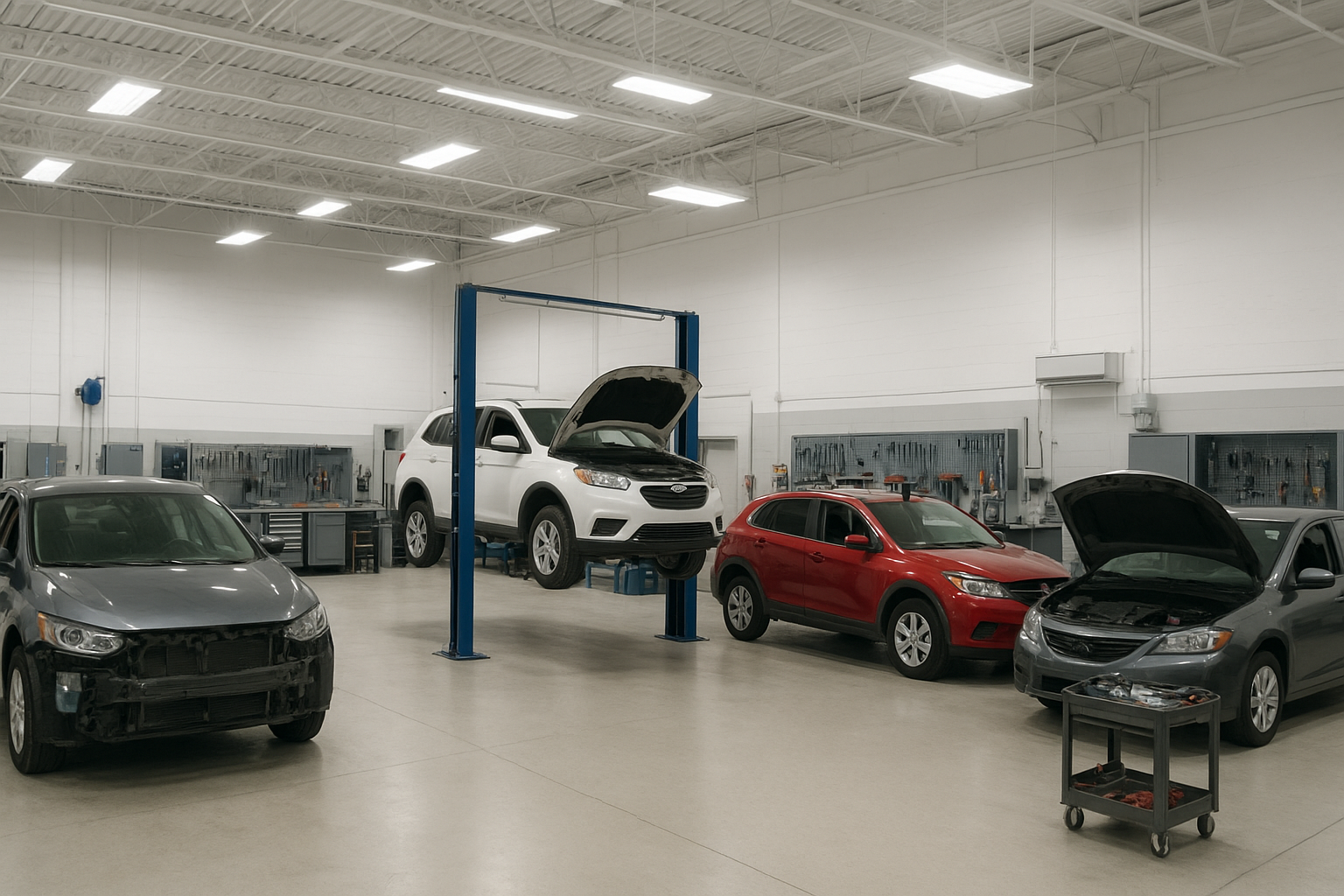 Wide view of a full-service auto body repair shop handling multiple vehicle restorations
