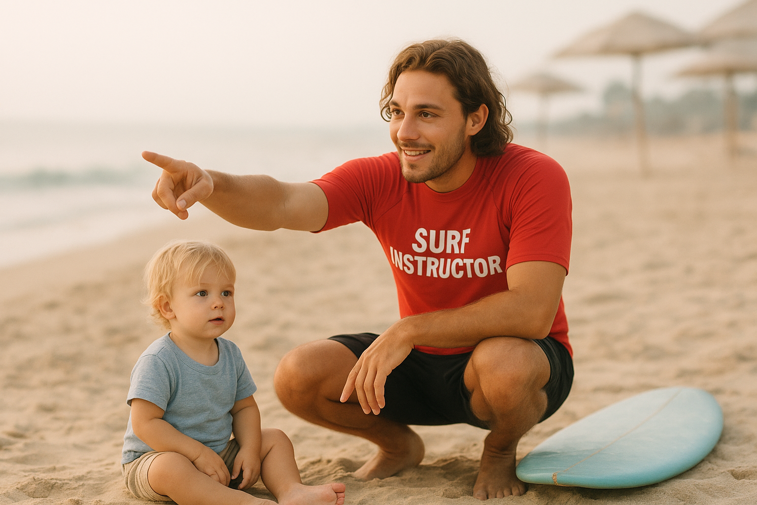 Surf instructor kneeling beside a toddler on the sand during a pre-ocean safety briefing in Waikiki