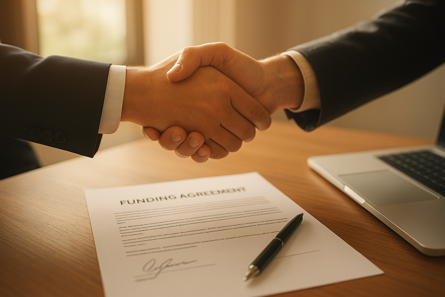 Business owner and lender finalizing a revenue based financing agreement at a desk