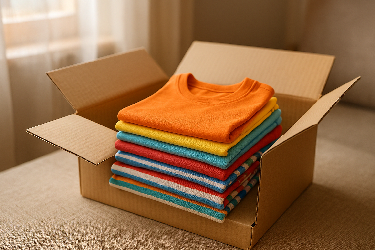 Eco-conscious children's clothing rental delivery box with folded kids apparel